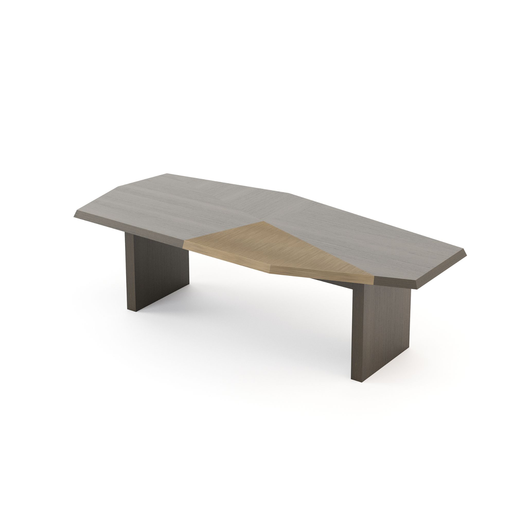 Modern outdoor dining table with a geometric, faceted silhouette in oak and smoked ash wood. The Escarpa Dining Table stands out with its angular lines and dual-tone finish, making it a bold centerpiece for sophisticated outdoor dining table decoration.