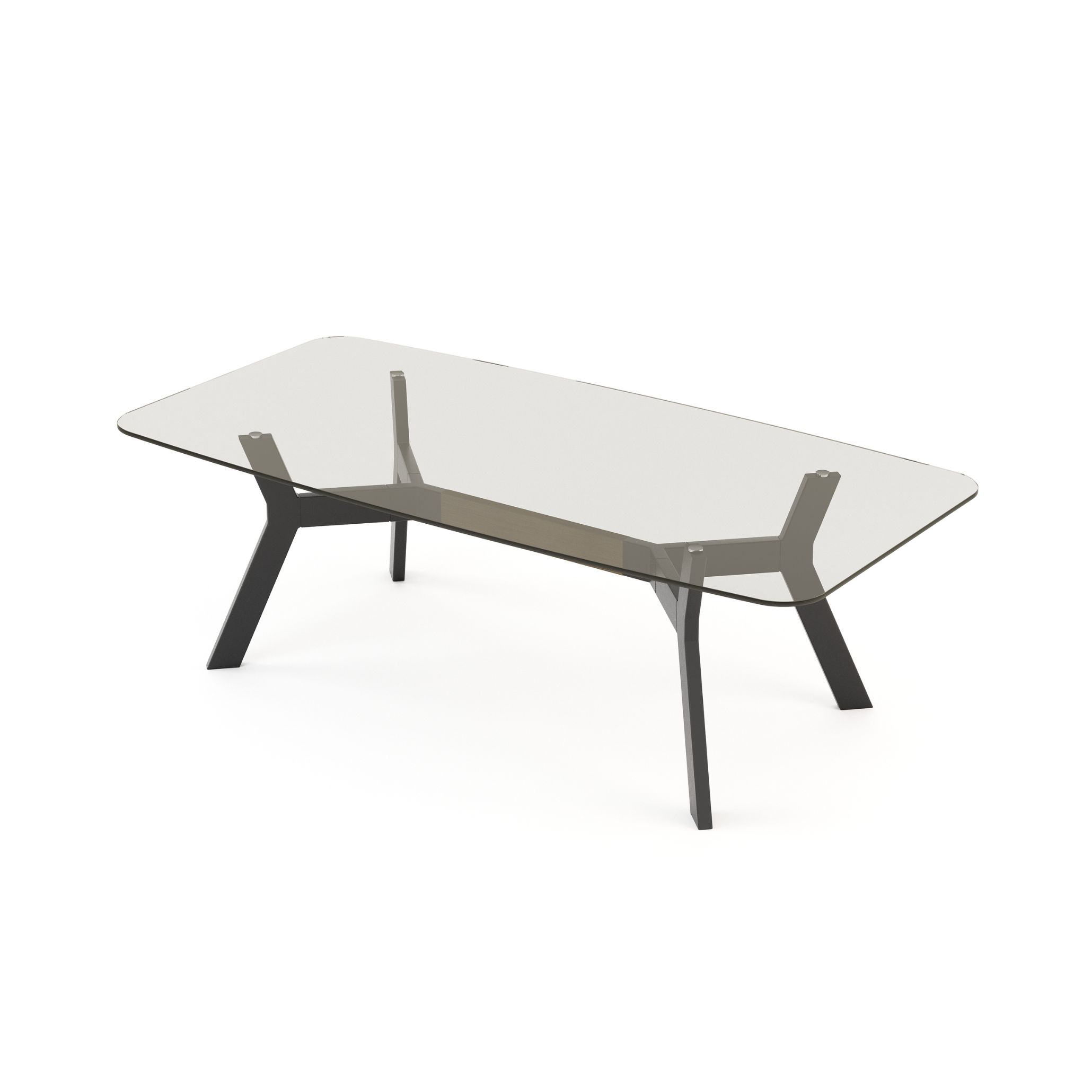 Contemporary outdoor dining table with a smoky tempered glass top and angular metal legs in matte black finish. The design emphasizes lightness, structure and modern table design, perfect for stylish outdoor dining table decoration.