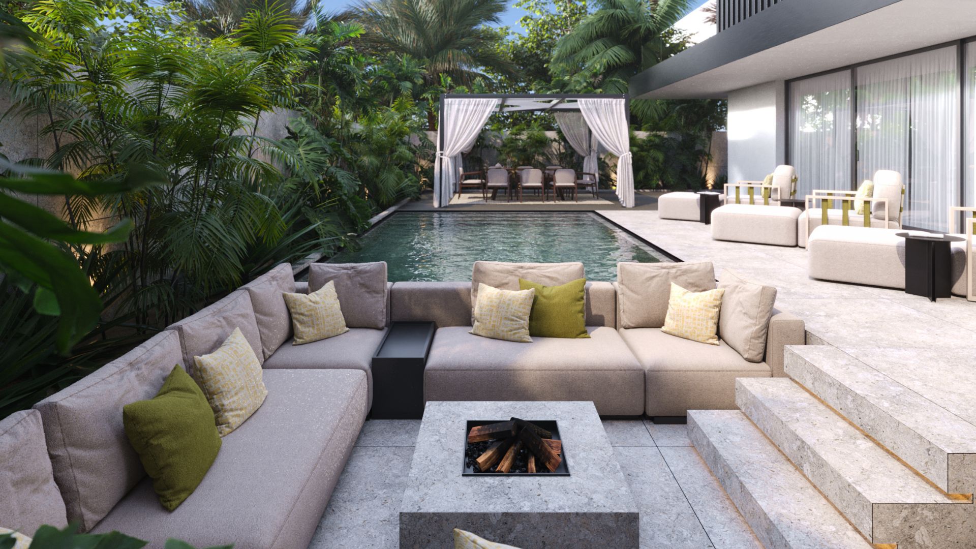 Outdoor modular seating set under a wooden pergola, featuring low-profile beige sofas with soft cushions arranged around a stone fire pit. Surrounded by dense tropical greenery and a tranquil pool, this setup exemplifies the fusion of comfort, functionality, and organic shapes that define the 2025 outdoor living trend.