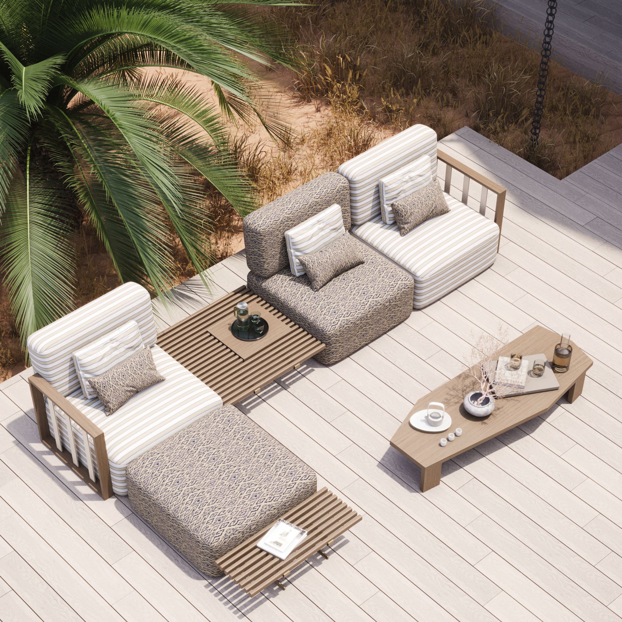A stylish outdoor lounge area featuring a bespoke configuration of the Her Sofa in natural wood with striped and linen-effect fabrics, paired with the Ripa Coffee Table in a warm, slatted finish. Set against a backdrop of palm trees and a sandy landscape, this outdoor setting blends bespoke furniture with earthy tones and organic textures, epitomizing the 2025 trend of personalized, nature-integrated design.
