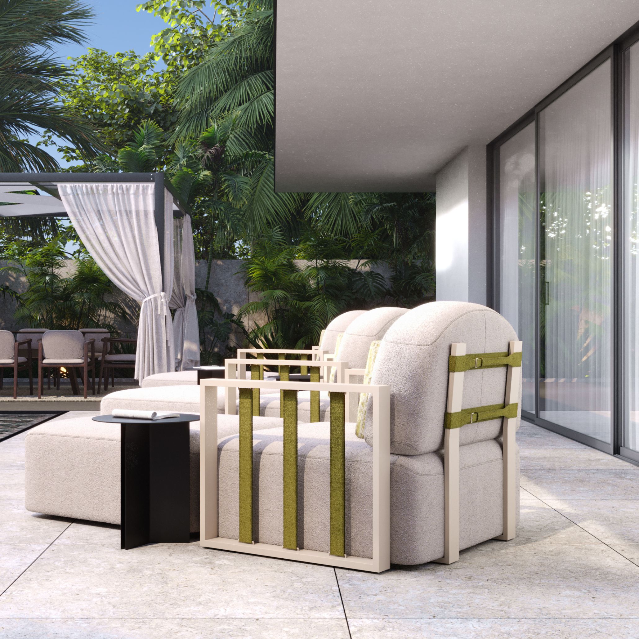 Detail view of the Her Sofa in a modular outdoor setup, showcasing light wood structures and green woven straps that offer both flexibility and aesthetic appeal. This sculptural arrangement reflects the 2025 outdoor furniture trend of combining materials with modular elegance to create versatile, serene outdoor spaces.
