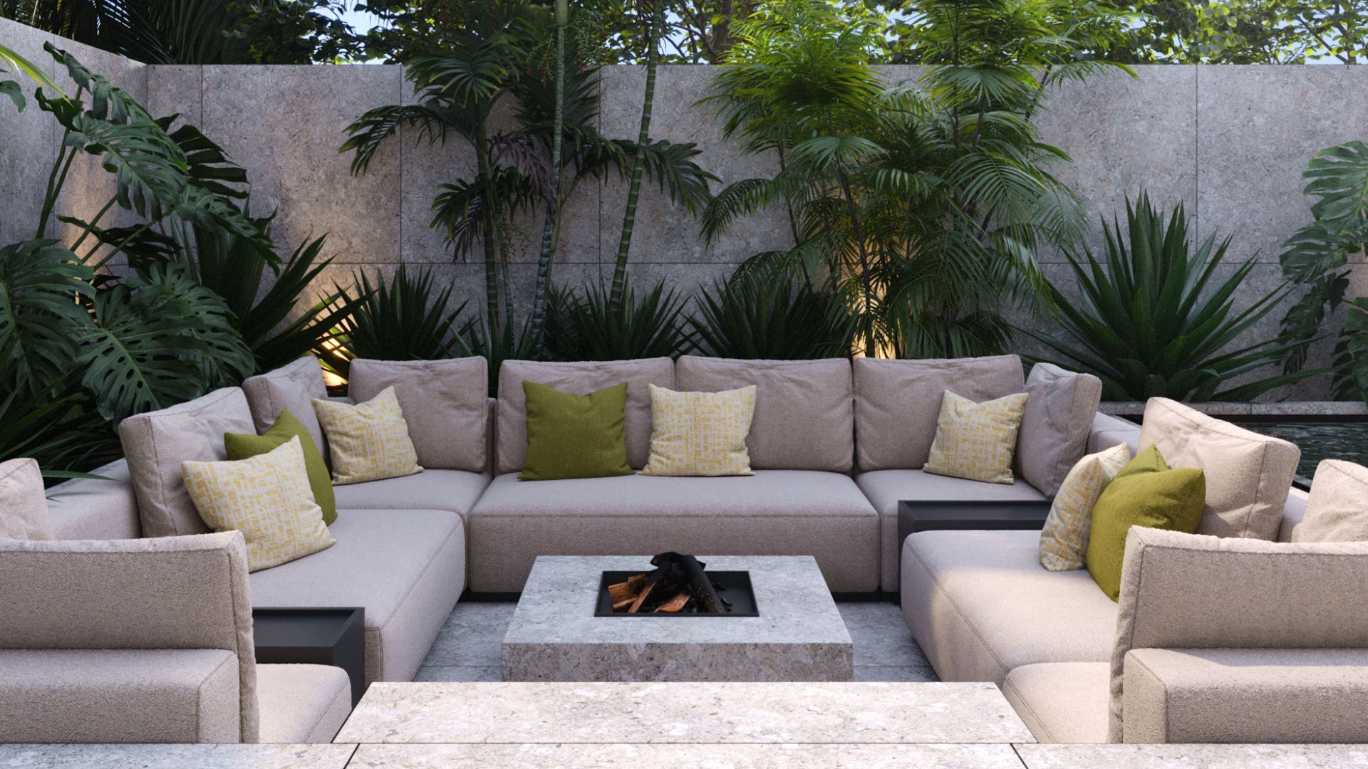 A symmetrical modular outdoor sofa set in neutral tones forms a cozy U-shape around a sculpted fire pit. With a soft mix of green, and beige cushions, this space showcases flexibility and cohesion—key to 2025's modular design trends that connect comfort with outdoor serenity.