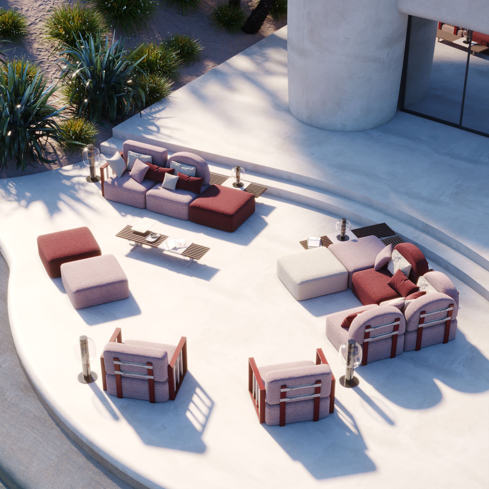 A contemporary patio layout featuring modular Her Sofas and poufs in a coordinated palette of lilac, burgundy, and soft grey. The composition invites flexibility, allowing endless reconfigurations for lounging or entertaining. This colourful yet cohesive setup reflects the 2025 trend for adaptable outdoor furniture that combines personal expression with elegant functionality.