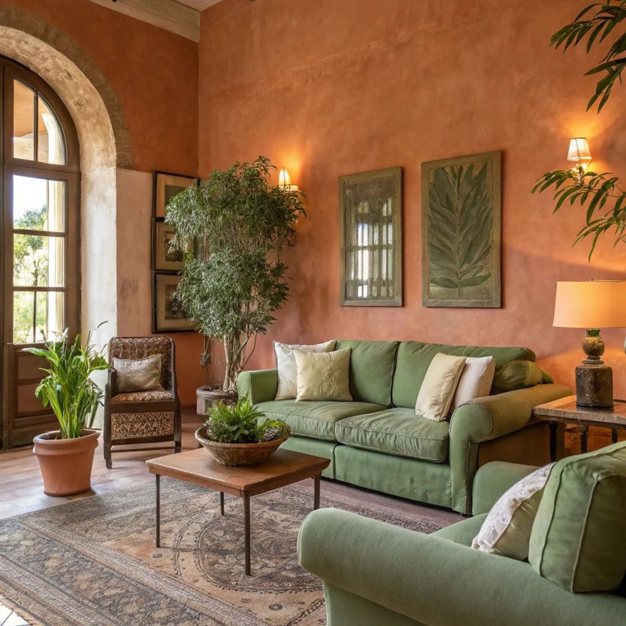 Eclectic Tuscan-inspired living room blending bold terracotta walls with an olive green velvet sofa, paired with potted plants and layered textiles. This vibrant space celebrates the Tuscan love of nature, colour, and lived-in comfort while balancing elegance with rustic charm.