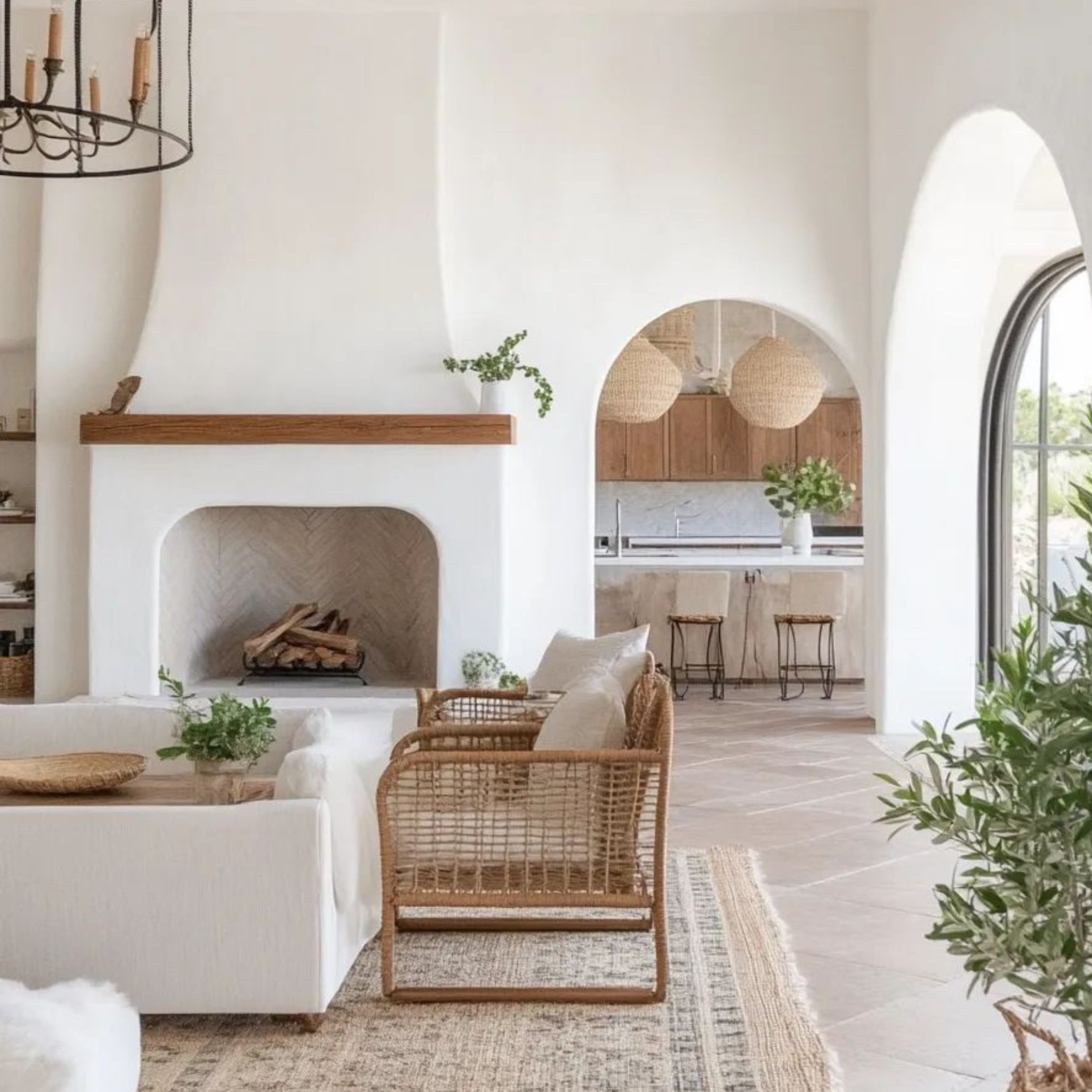 Airy Mediterranean living room featuring whitewashed walls, pale wood furniture, and flowing natural light, evoking a breezy, coastal atmosphere. This clean and light aesthetic contrasts with the richer, grounded tones of traditional Tuscan interiors.