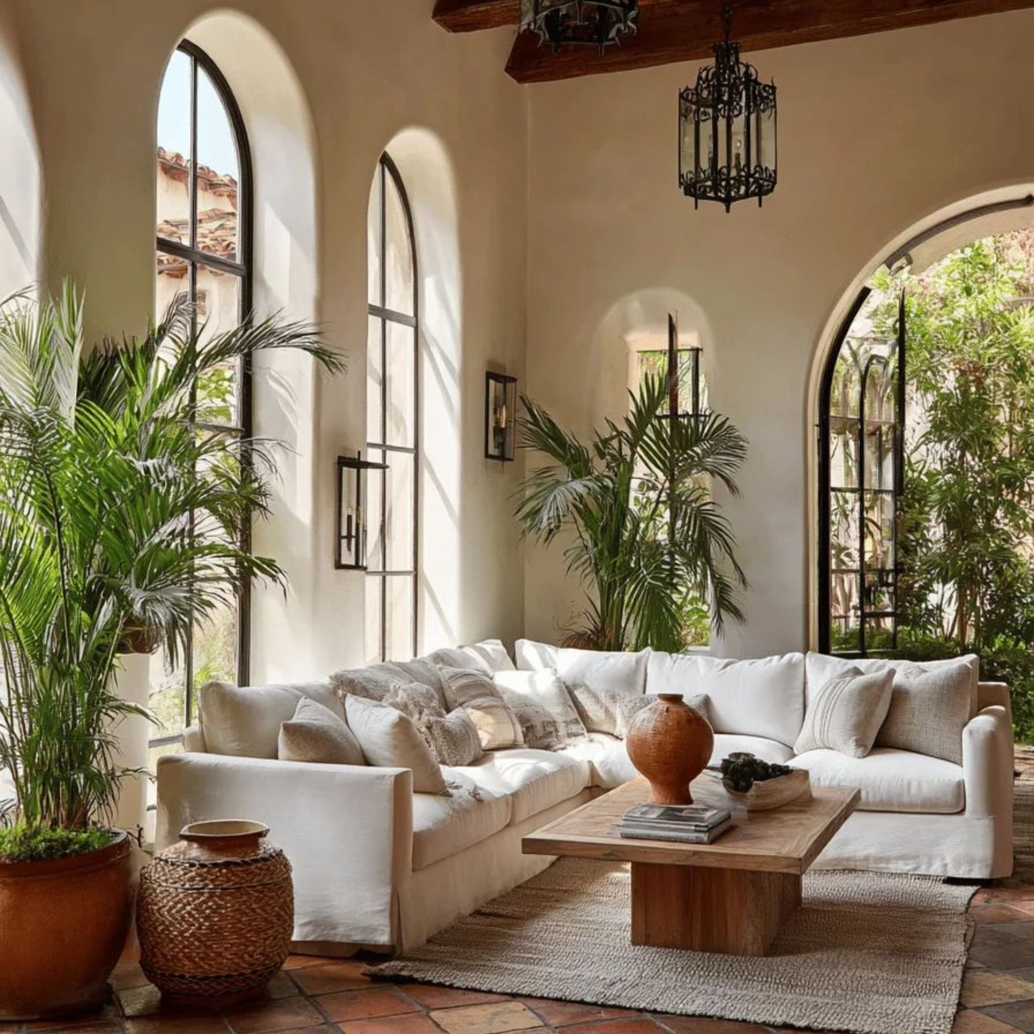 Traditional Tuscan-style living room grounded in natural textures and warm hues, with terracotta tiled floors, arched windows, a linen-upholstered sofa, and a solid wood coffee table. Indoor plants and aged finishes enhance the connection to nature and heritage, reflecting the soulful and timeless nature of Tuscan design.