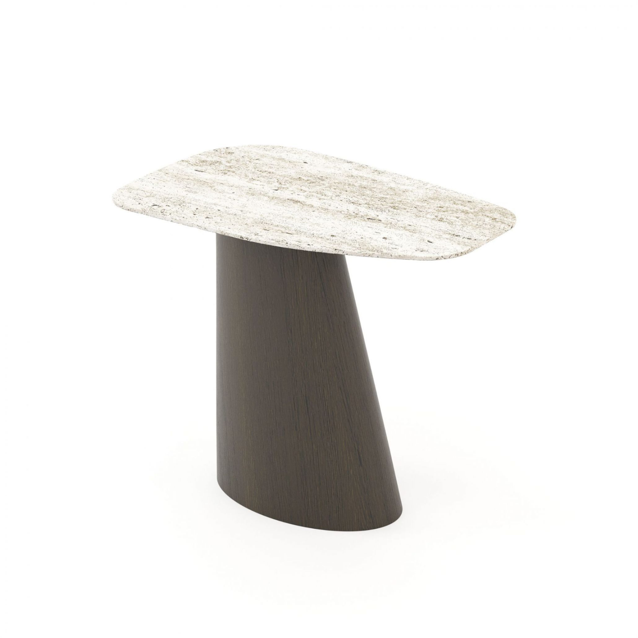 The Stone Side Table featuring a dark brown solid wood base and a smooth marble top, designed to echo the textures and tones of traditional Tuscan stonework. This piece captures the timeless appeal of handcrafted materials and adds an elegant, grounded element to rustic interiors.