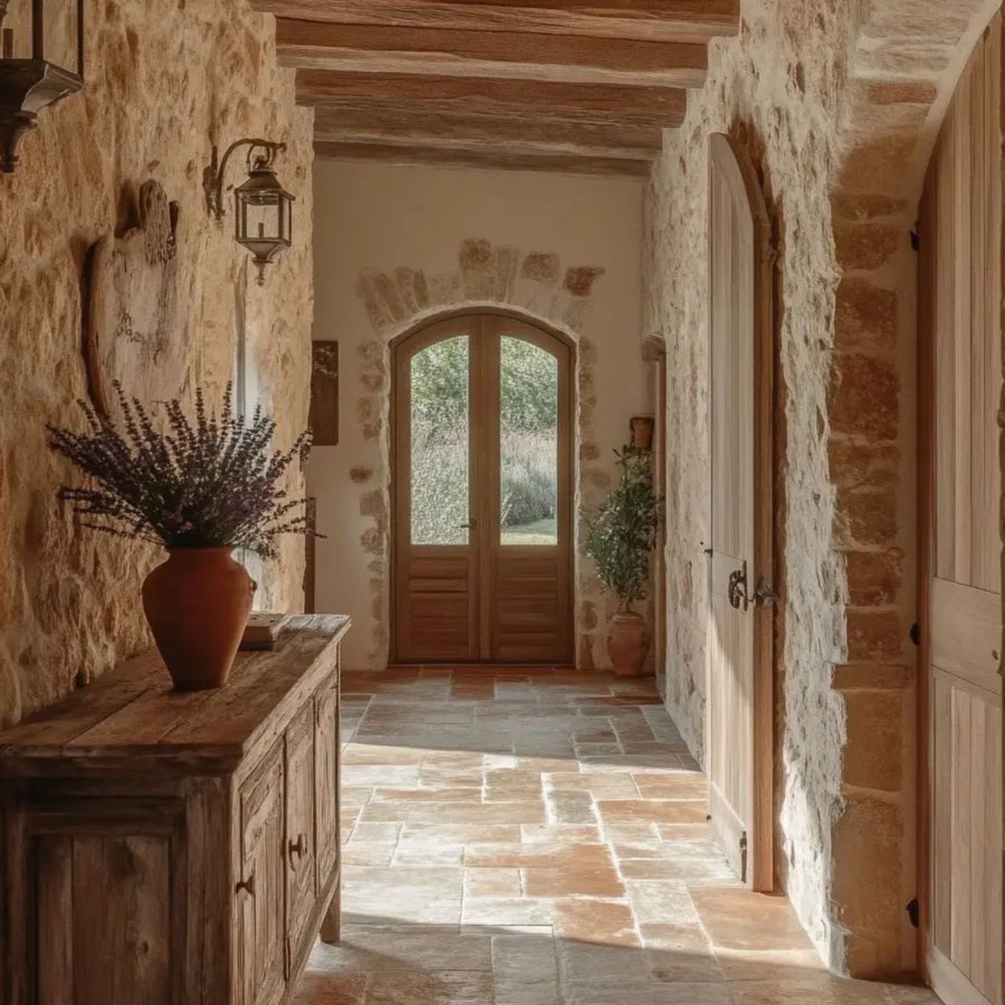 Classical Tuscan hallway with rough-hewn stone walls, arched doorways, and a rustic iron chandelier suspended from a wooden beam ceiling. This architectural vignette highlights the enduring beauty of curved lines and historic materials that give Tuscan interiors their graceful, lived-in charm.