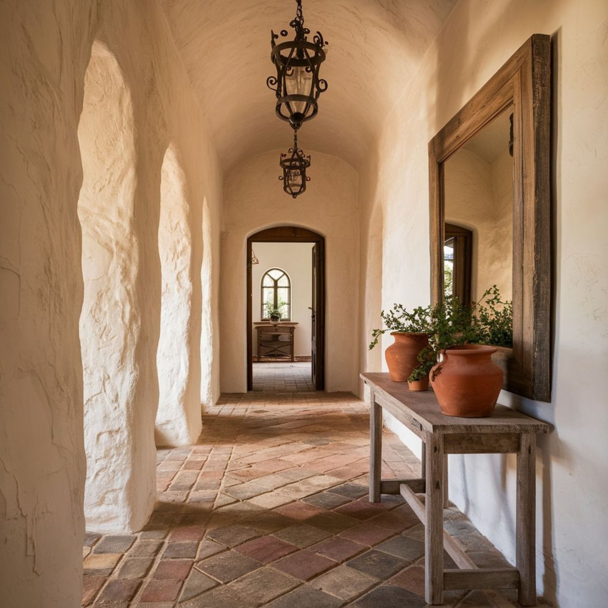 Serene hallway in a modern Tuscan home, featuring textured white plaster walls, softly rounded arched niches, wood furniture, and a wrought iron chandelier. The minimalist use of curves adds fluidity and elegance, illustrating how traditional Tuscan elements are interpreted in contemporary spaces.
