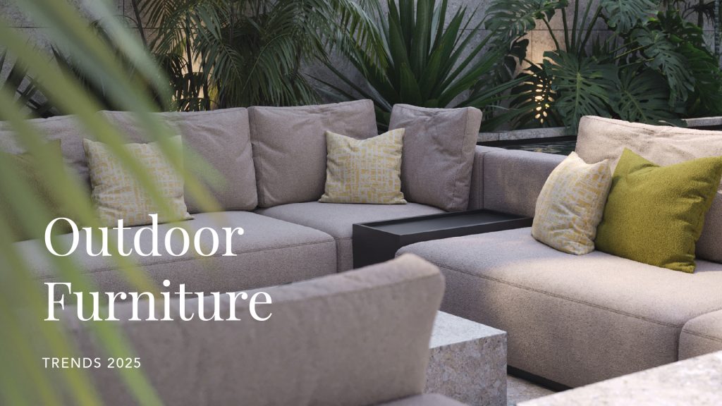A cozy and elegant outdoor lounge setting featuring a beige modular sofa with textured cushions in earthy tones of yellow and moss green, surrounded by tropical plants and soft lighting. The image serves as a visual banner for “Outdoor Furniture Trends 2025”, capturing the essence of refined textures, layered comfort, and nature-inspired colour palettes that define the year’s outdoor design direction.