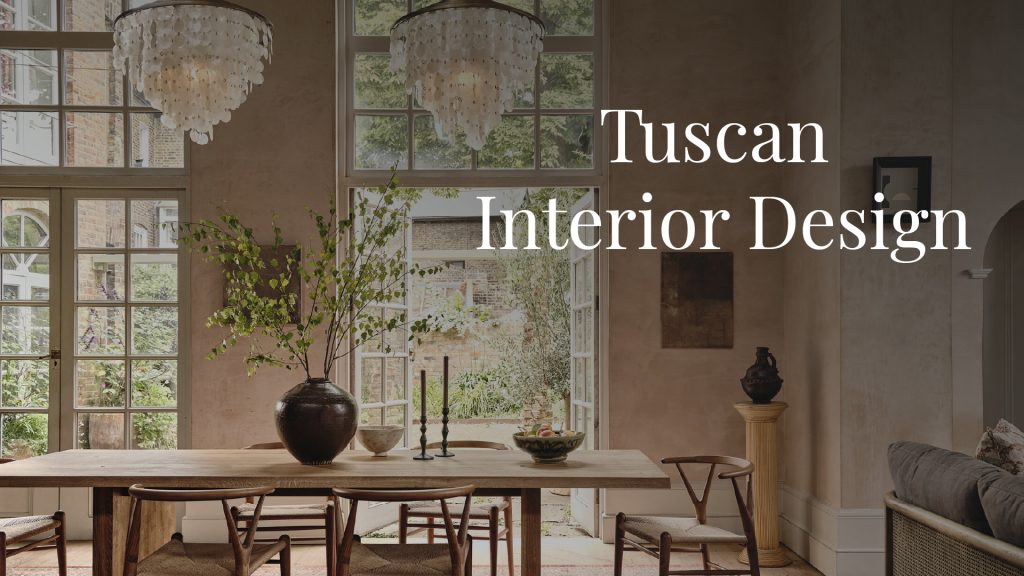 Cozy Tuscan-style dining room showcasing rich wooden furniture including a large dining table and chairs, illuminated by two classic chandeliers hanging from a rustic ceiling. Floor-to-ceiling windows reveal a serene outdoor landscape, flooding the space with natural light and enhancing the warm, inviting ambiance of traditional Tuscan interior design.