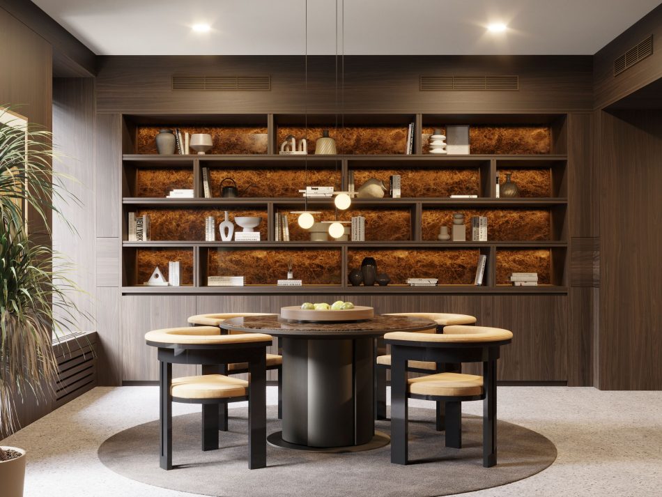 An elegant dining room in a luxurious apartment.