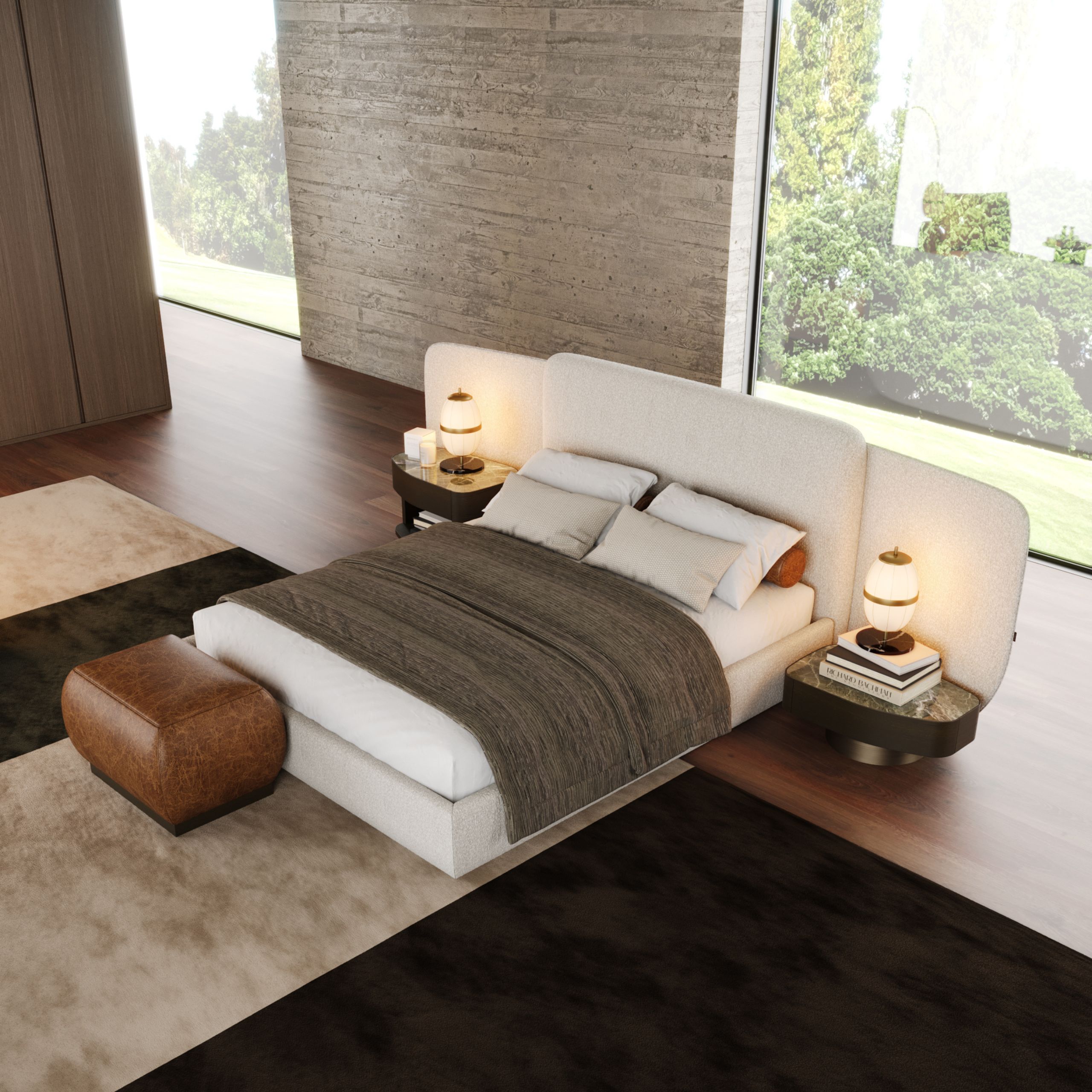 Modern bedroom in earthy tones.