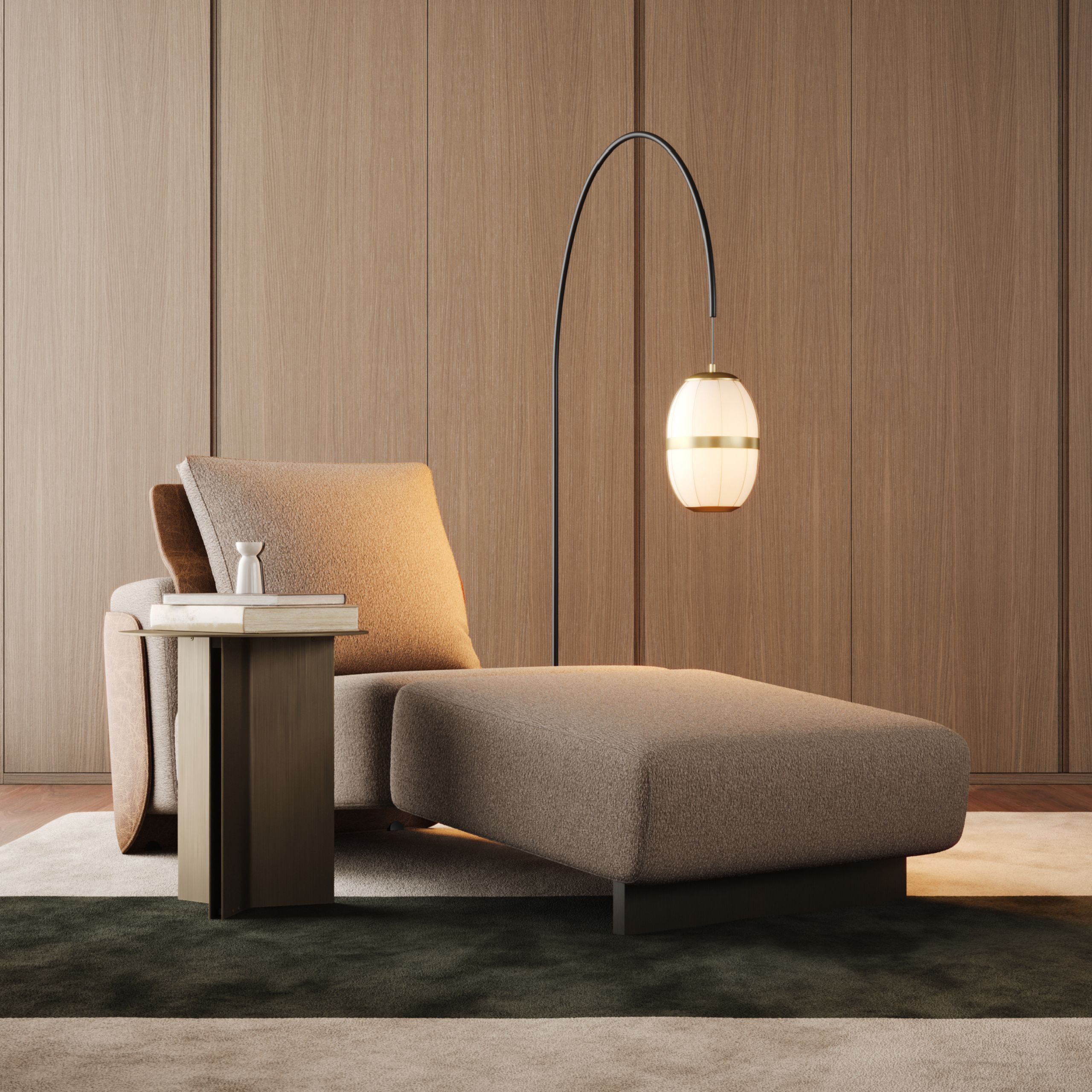Modern chaise longue complementing the bedroom.