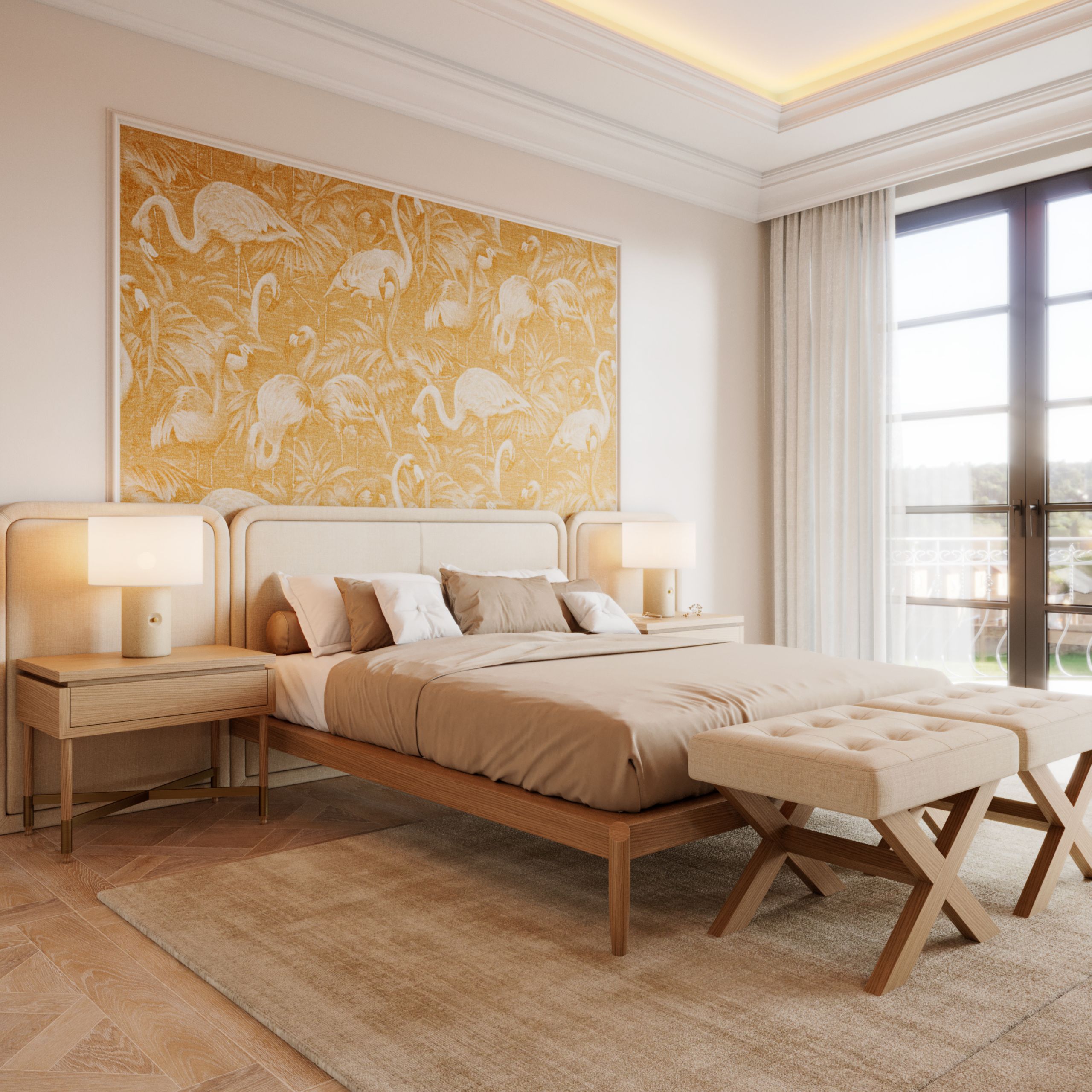 Modern sleeping design with accents of colour.