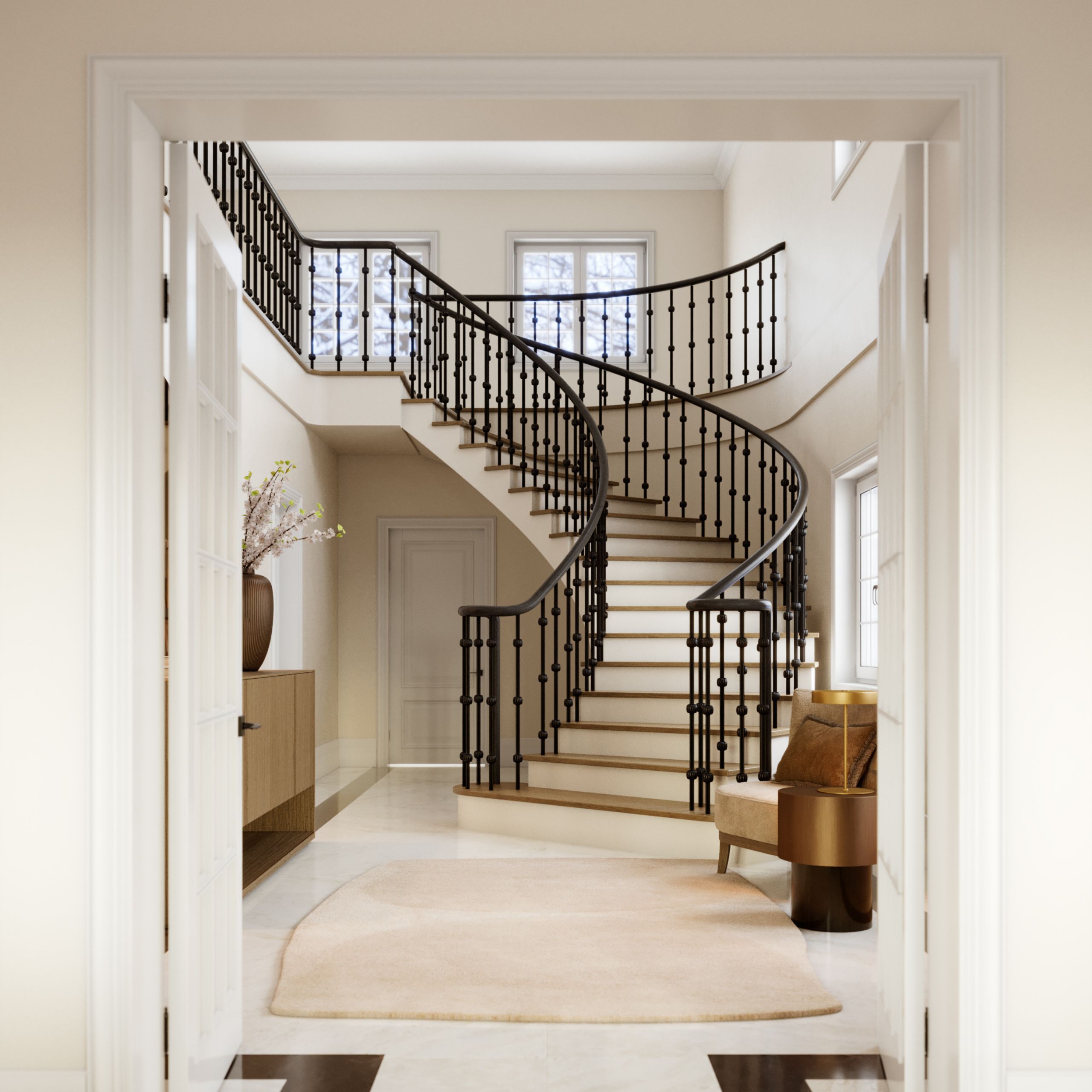 An entry hall made of bespoke furniture that embodies the warmth of the season.