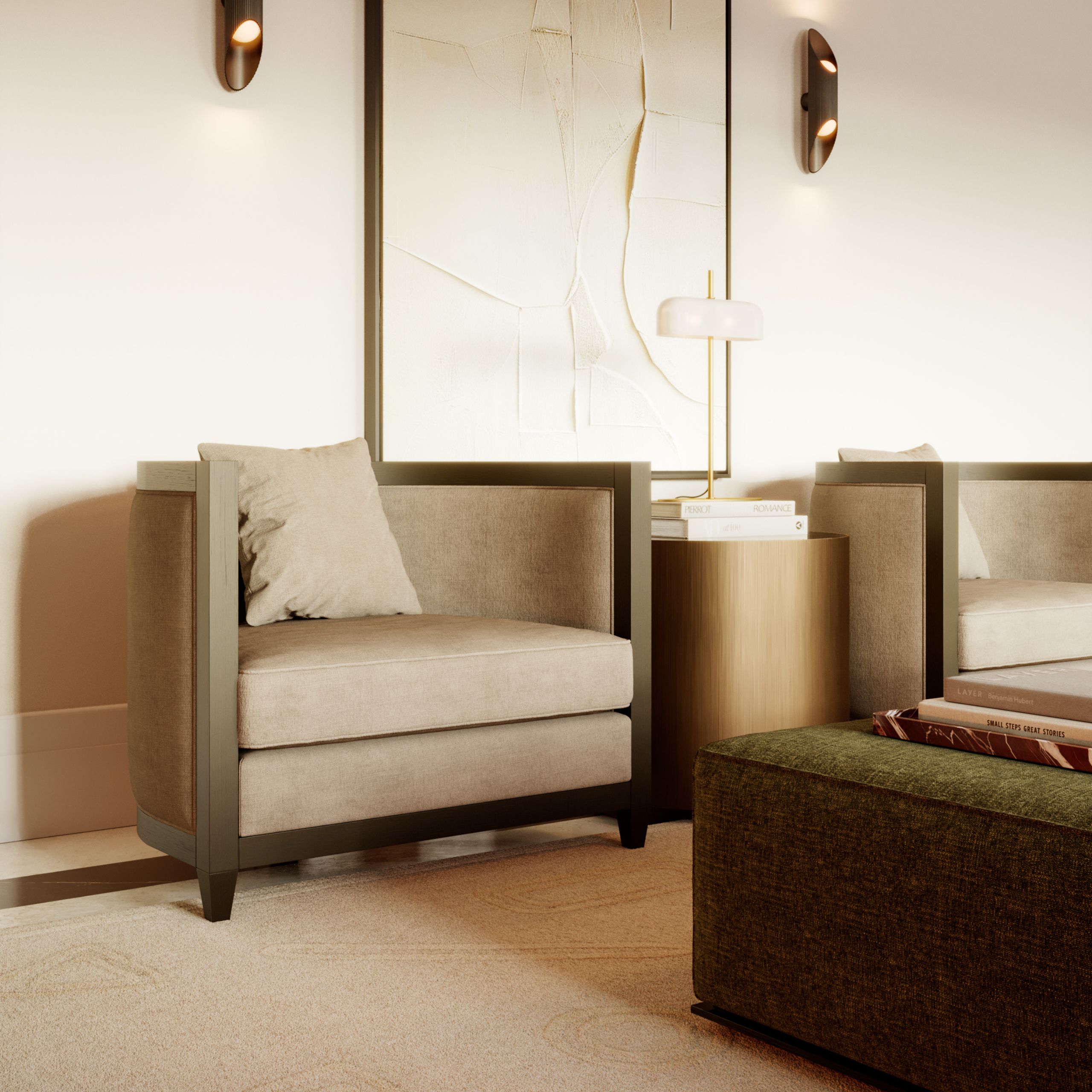 A pair of classic armchairs as an elegant counterpoint.