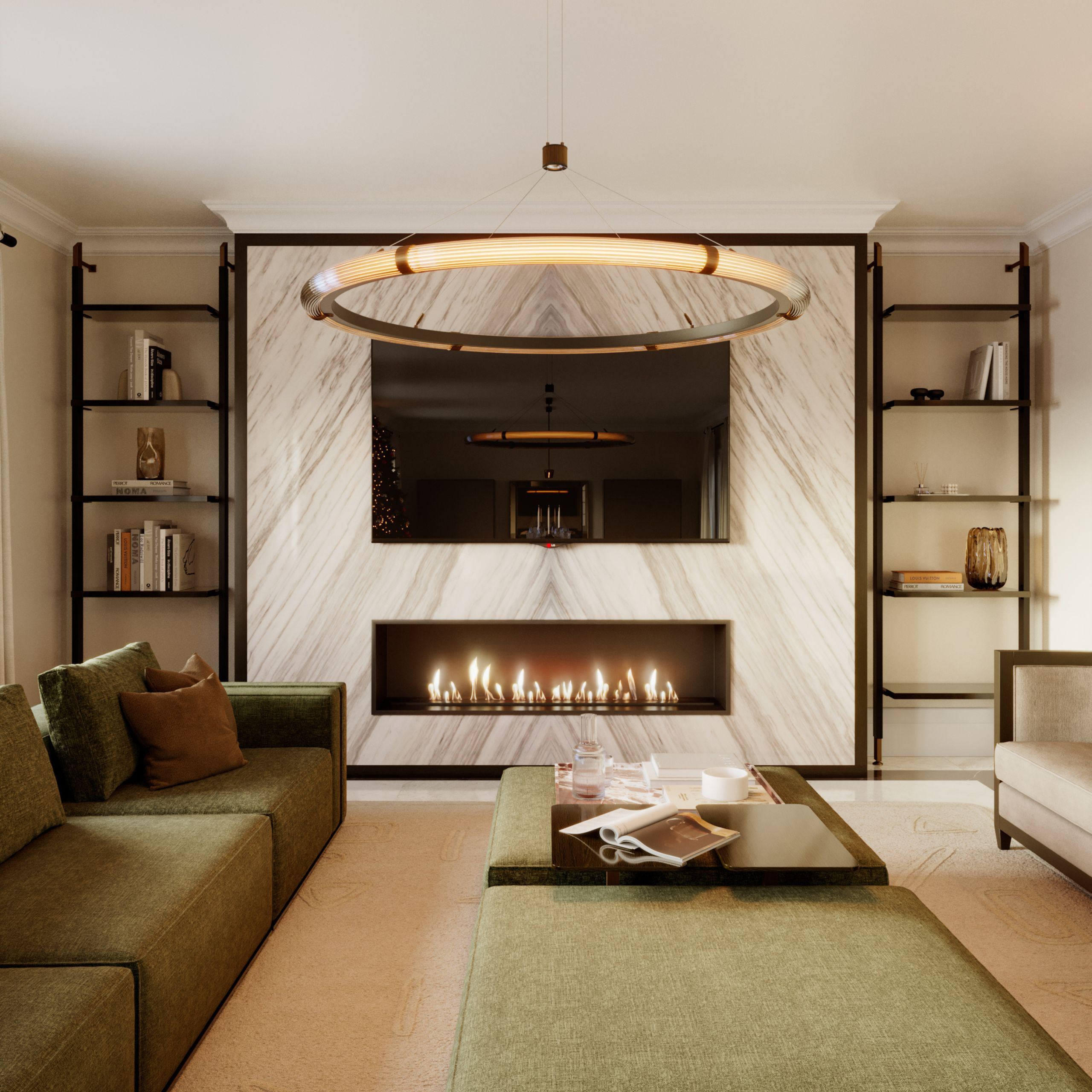 Modular bookcase customized for the living room, perfect to display christmas decorations.