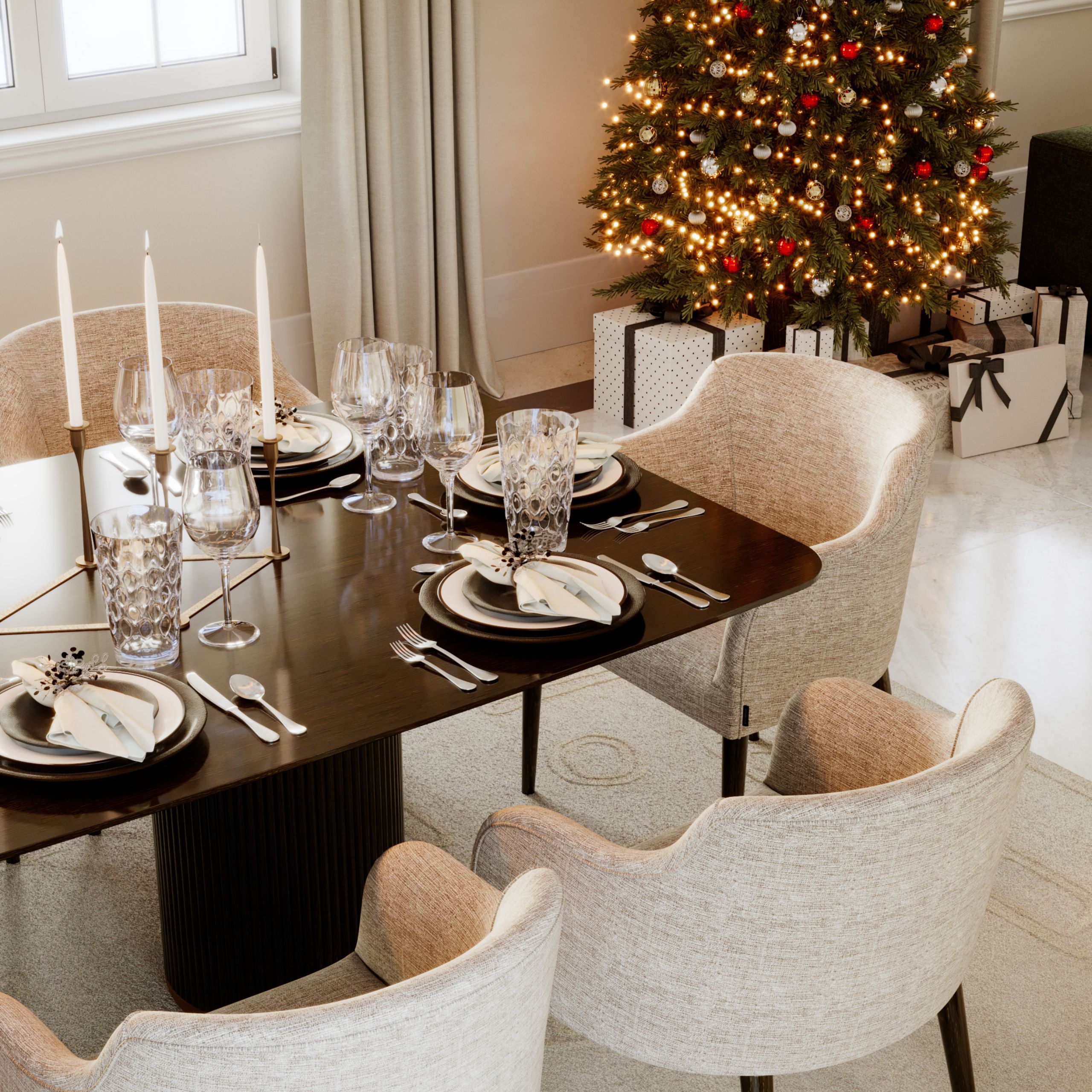 Dining room furniture as part of the Christmas decorations.