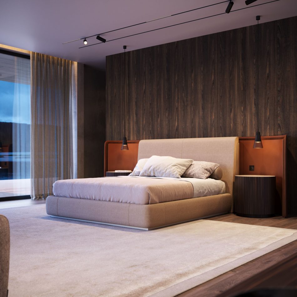 Modern bed frames as the centerpiece of a high end bedroom.