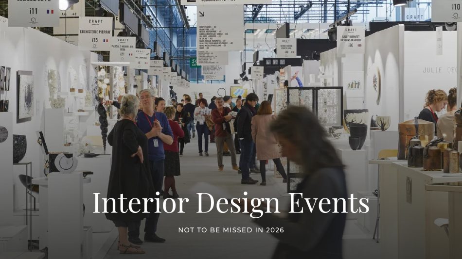 Elegant exhibition space filled with contemporary furniture and sculptural lighting, where designers and brands showcase visionary creations that blend tradition with modern innovation, reflecting the global spirit of interior design in 2026.