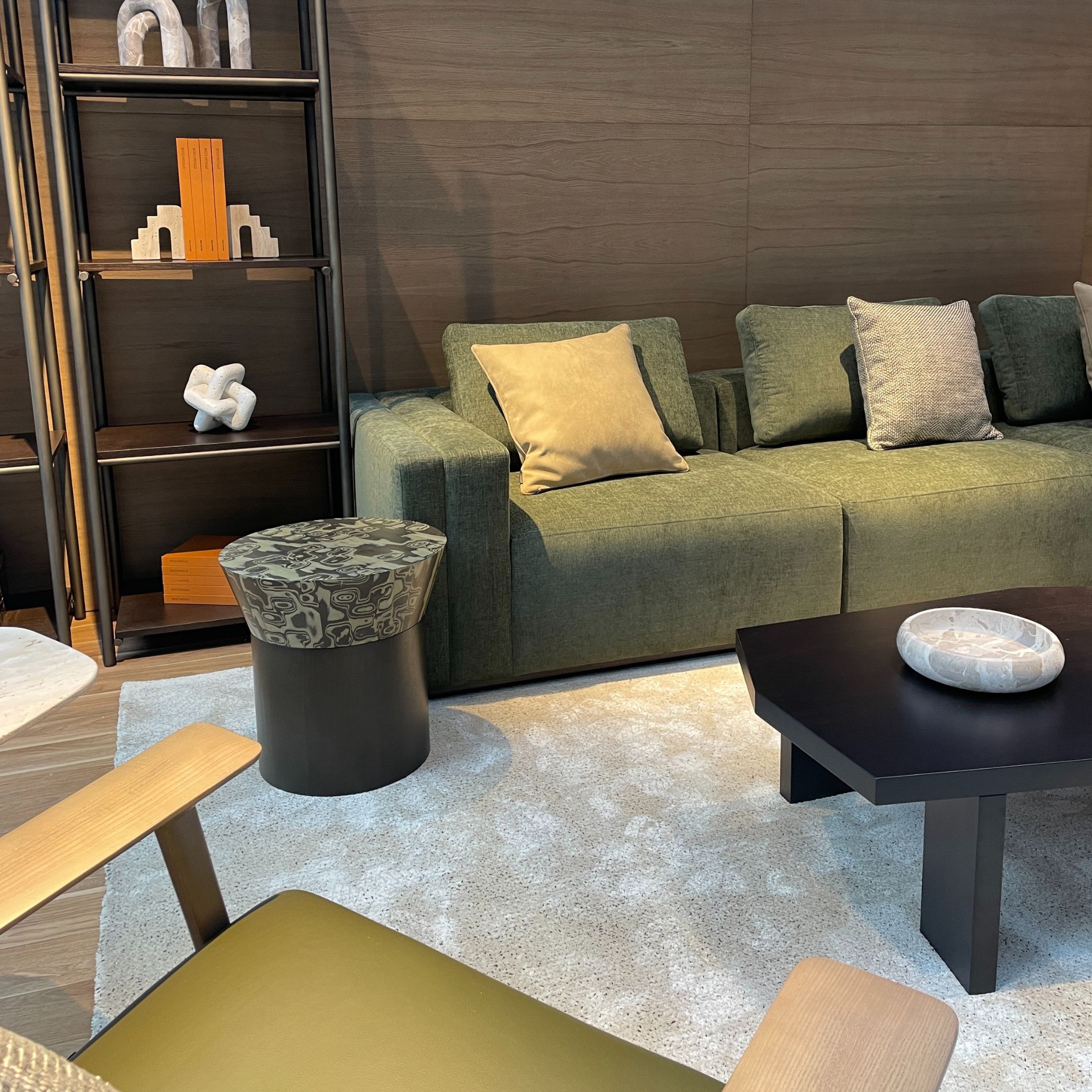 Stylish Club’s stand at Decorex 2025 featuring the Landform Sofa, Escarpa Coffee Table, and Natur Side Table. A warm, layered composition expresses luxury made to live in, where refined craftsmanship meets everyday comfort and functional elegance.