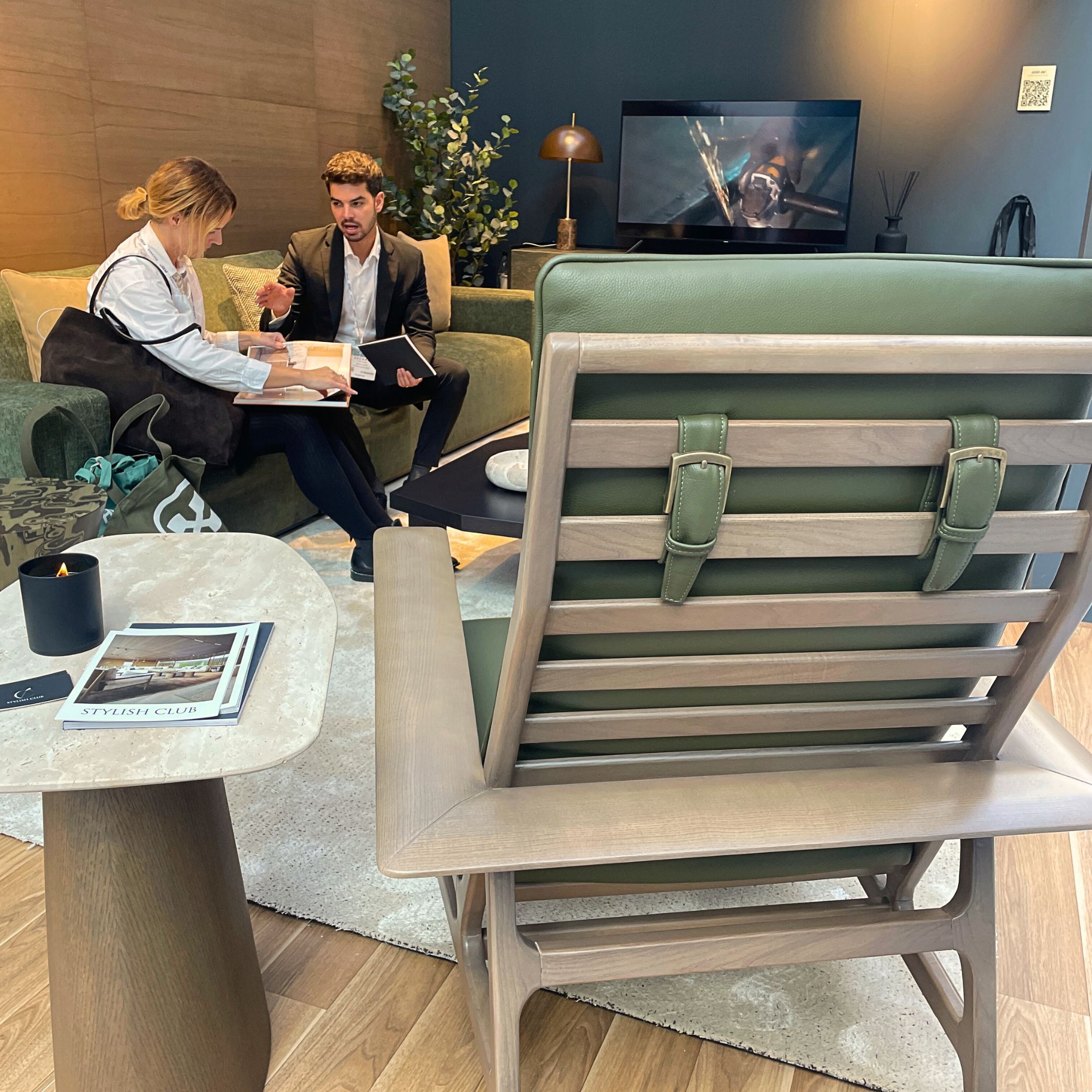 The Ripa Armchair at Decorex 2025, paired with a Stone Side Table and a soft-toned coffee table. A relaxed living setting reflects Stylish Club’s vision of luxury made to live in, highlighting organic forms, comfort, and thoughtful furniture design.