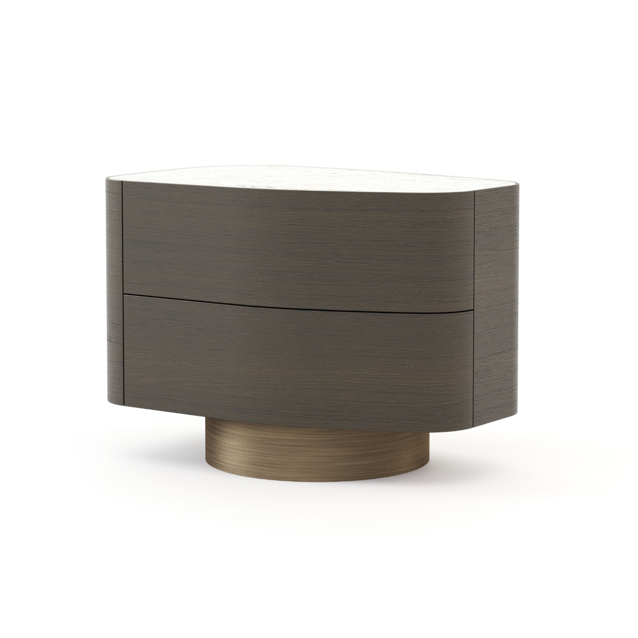 Stone Night Table II pairs smooth, rounded forms with walnut matt wood and brushed bronze accents. Its marble top honors natural beauty while elevating contemporary interiors. A refined expression of the Stone collection’s organic language and timeless design.