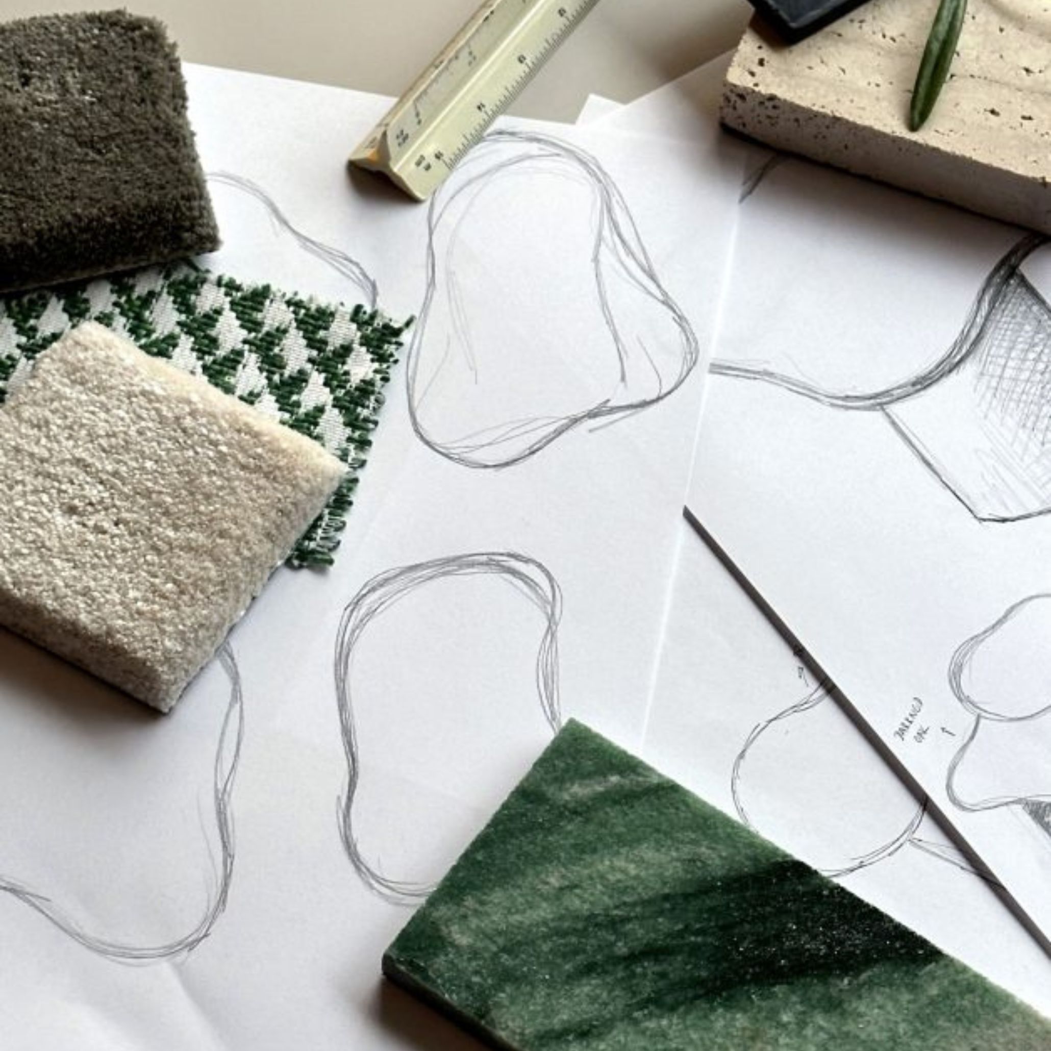 The creative process of designing furniture, featuring sketches, material samples, and textured surfaces arranged for inspiration.