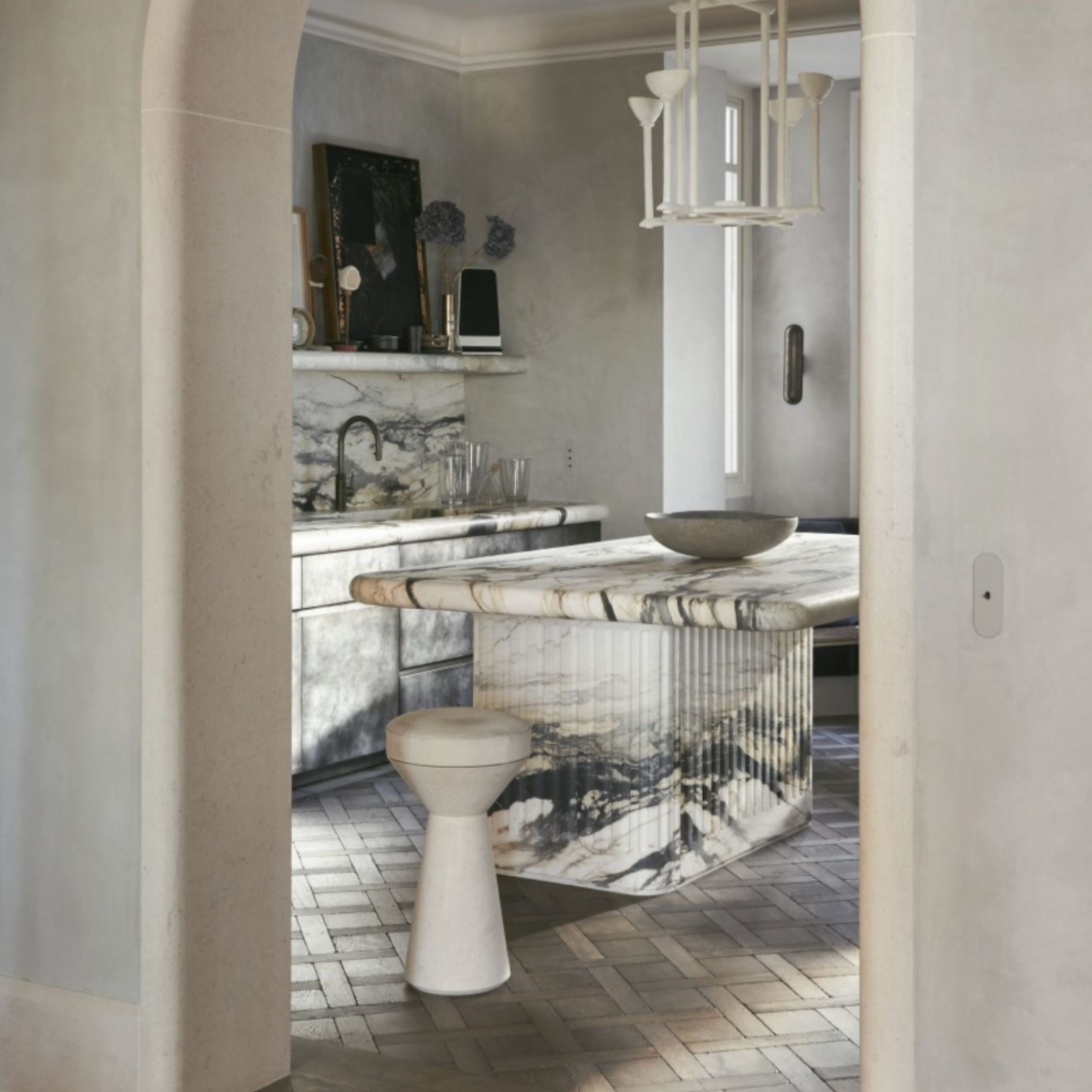 A refined kitchen from the Alboni project, defined by sculptural marble, fluted textures, and precise alignments. The space embodies Joseph Dirand’s methodical design process, where material, light, and proportion are studied and refined to create architectural harmony.