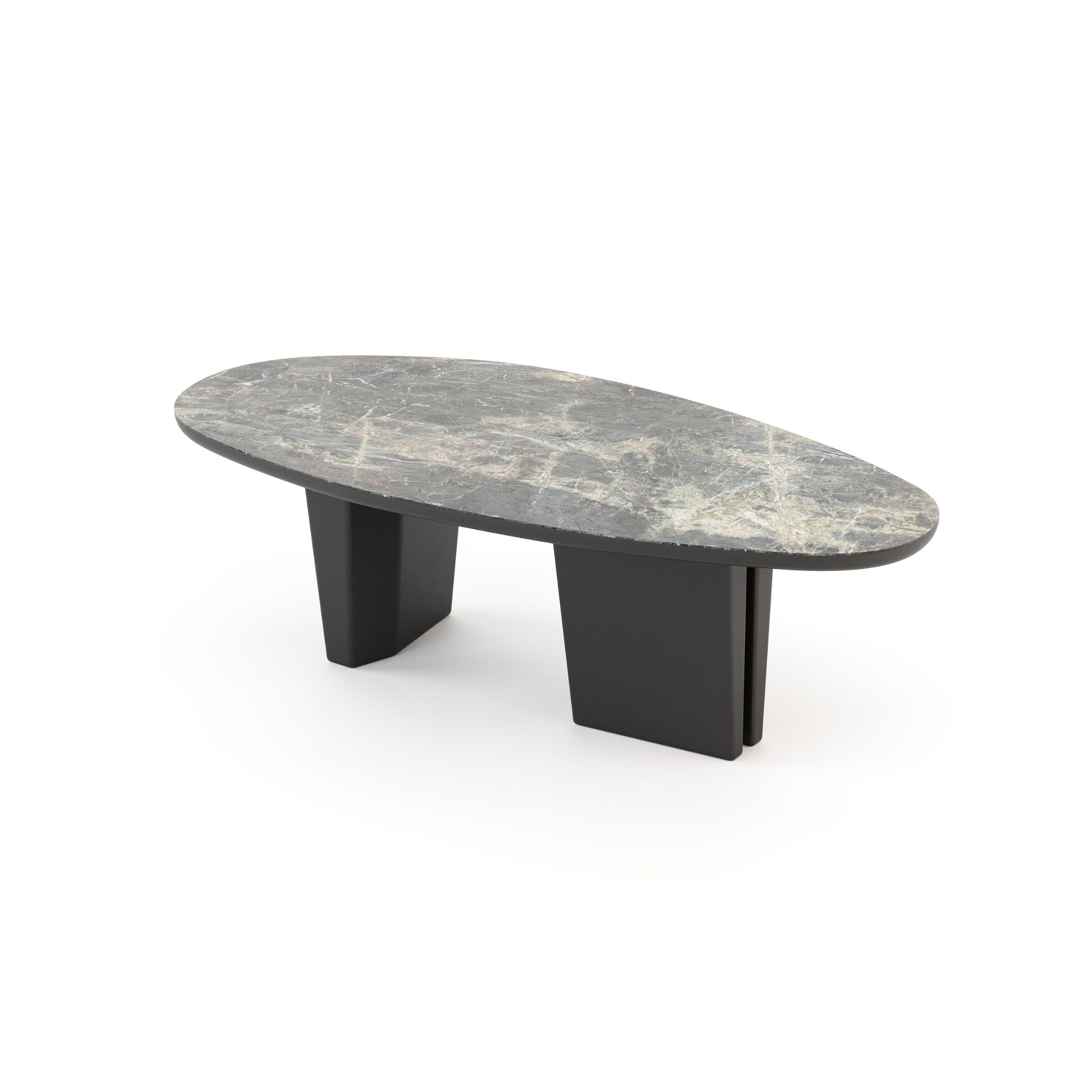 Oval-shaped dining table with a dark marble top and two wide black legs. The strong mass and controlled proportions echo Joseph Dirand’s architectural clarity, anchoring the space through material weight and structural simplicity.