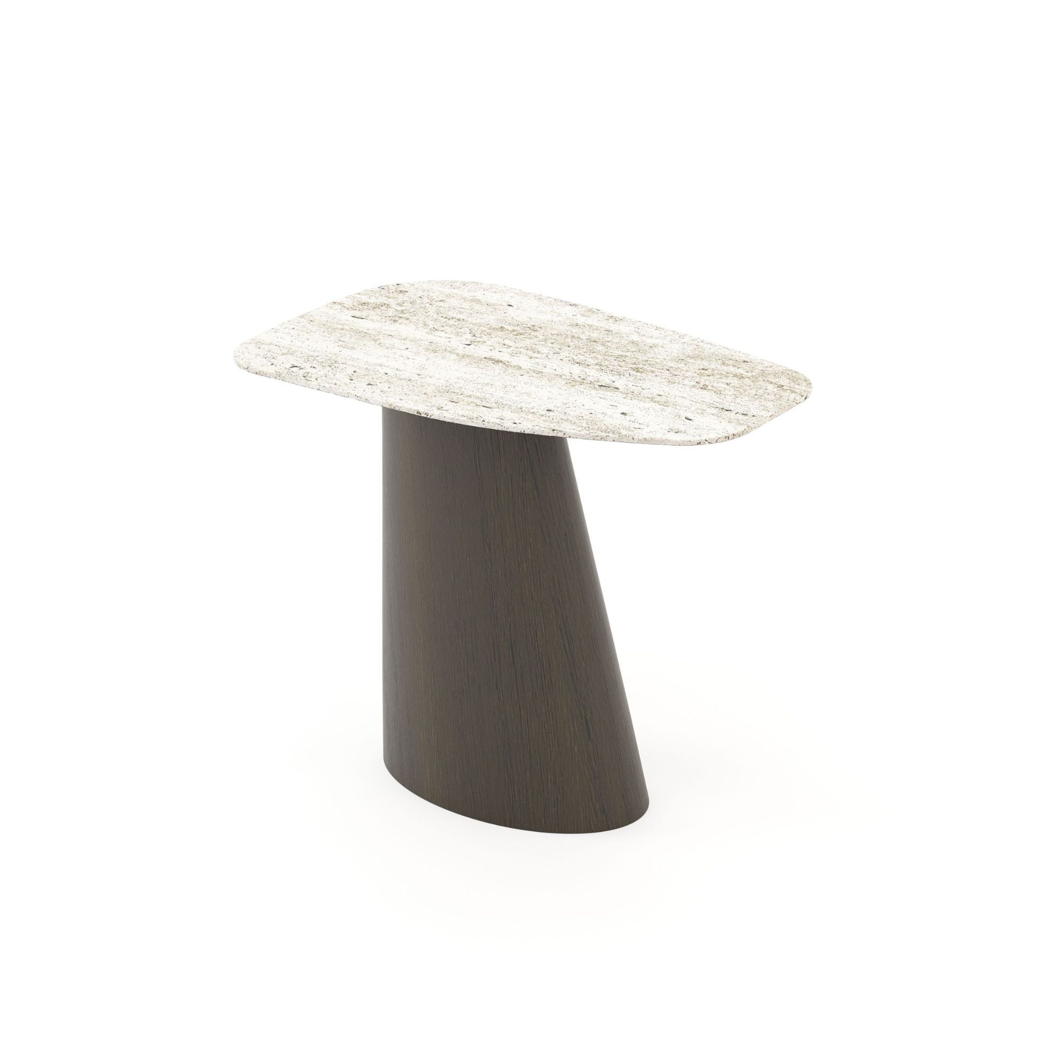 Minimalist side table with a light stone top and dark conical wooden base. Its compact form and tactile materials embody Dirand’s architectural restraint, reinforcing balance and quiet presence within the space.