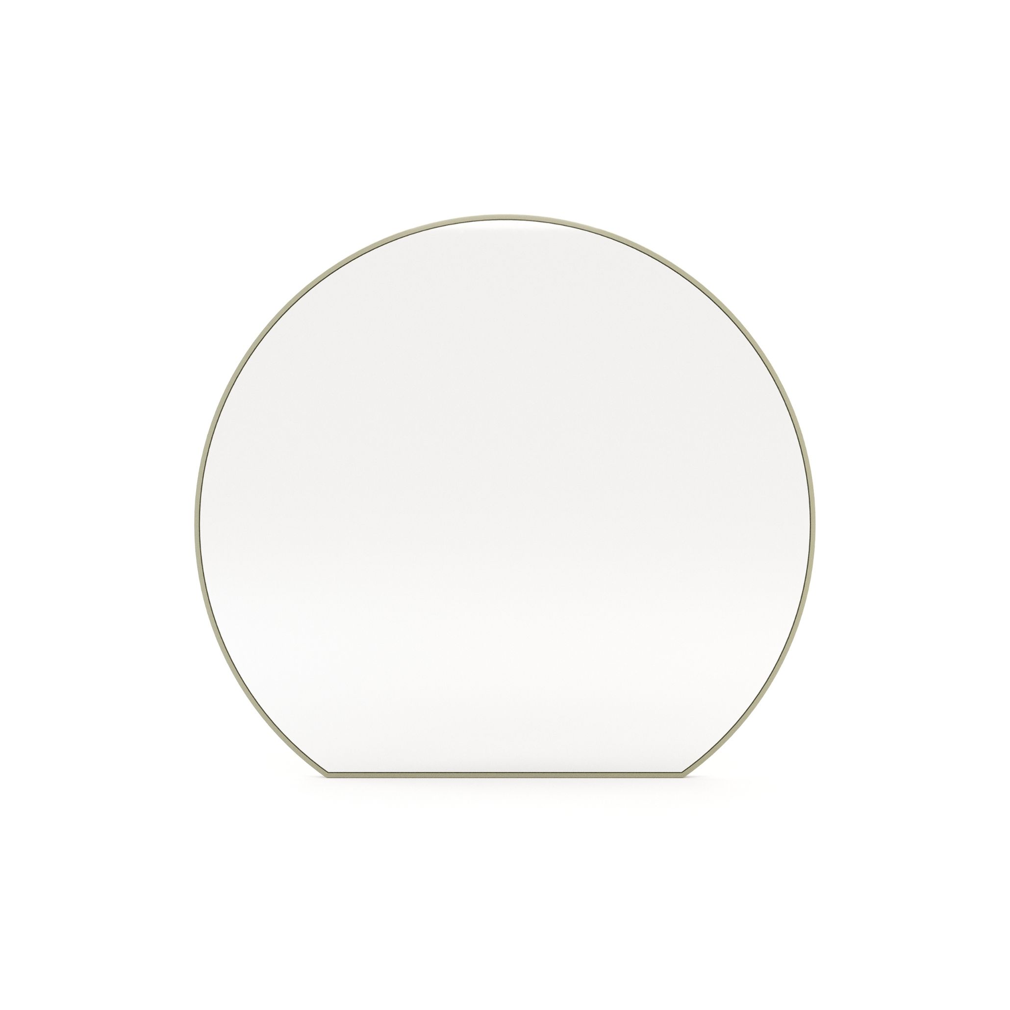 Foz Mirror with curved semi-circular design, beige lacquer frame, and crystal-clear glass reflecting natural light to create openness and elegance in Scandinavian interiors.