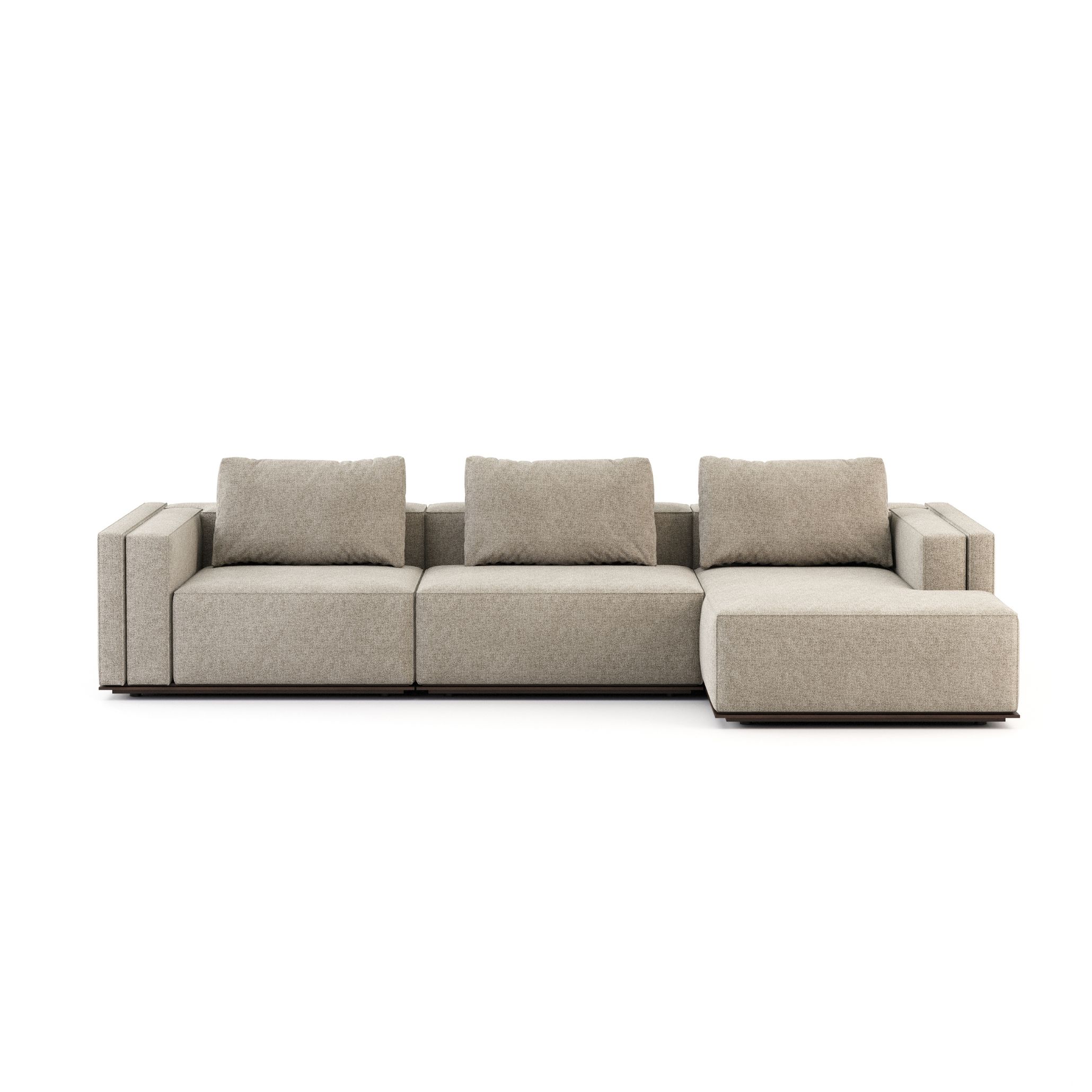 Modular Scandinavian sofa in soft neutral velvet with clean lines and neutral tones for cozy winter living.