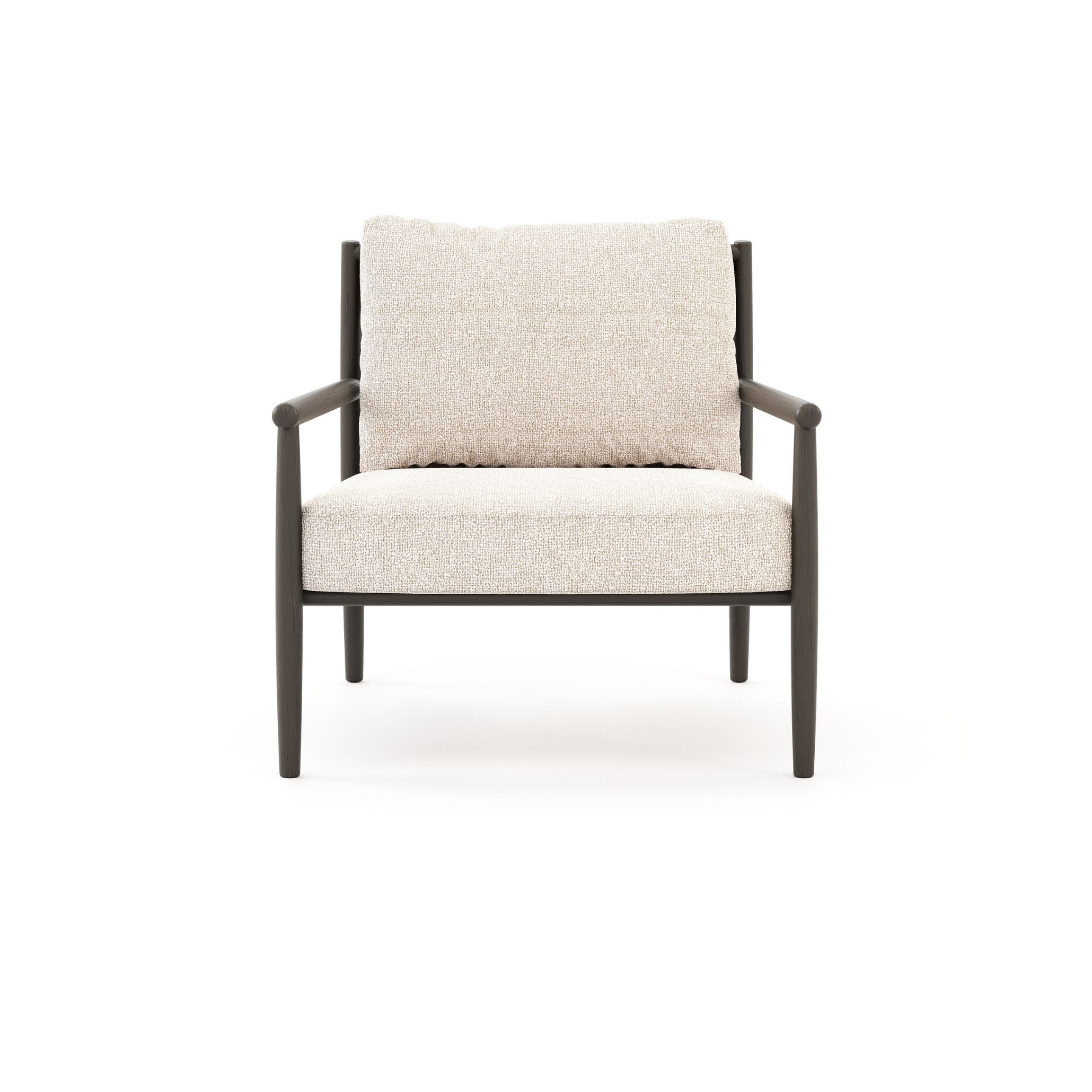 Minimalist Scandinavian armchair in beige fabric with matte oak legs, offering comfort and style for winter interiors.