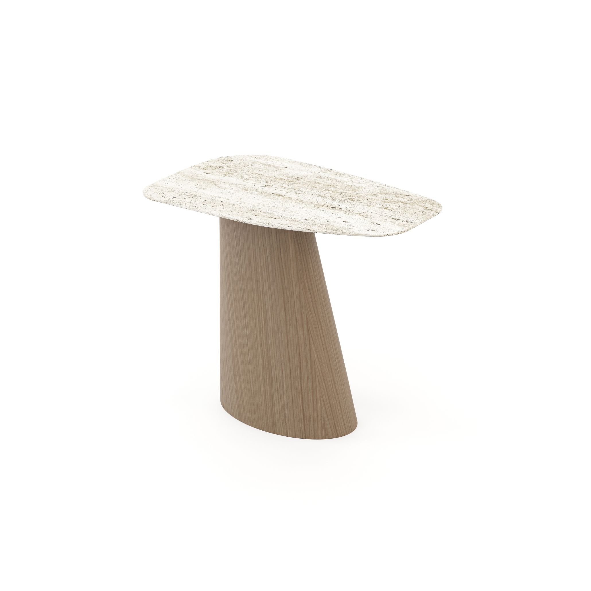 Stone Side Table with smooth curves, Travertine top, and sculptural wood base, adding organic elegance to Scandinavian Winter Décor.