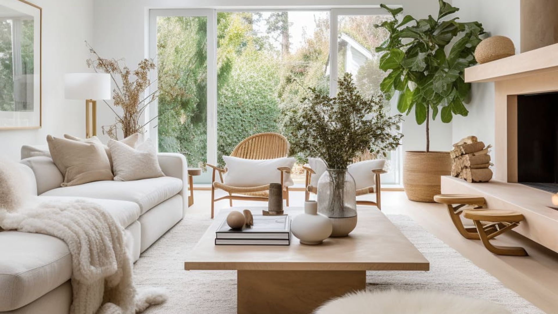 Bright Scandinavian living room with natural wood accents, lush greenery, and soft furnishings enhancing winter home décor.