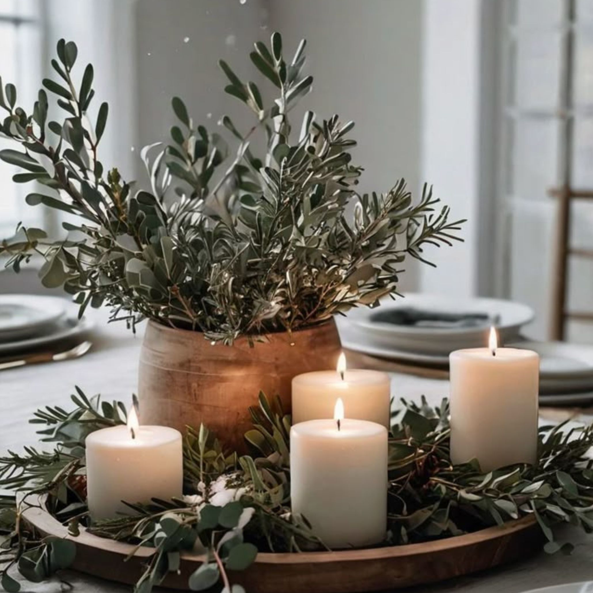 Wooden vase with eucalyptus branches and lit pillar candles arranged on a tray, enhancing winter interior design with natural winter decorations.