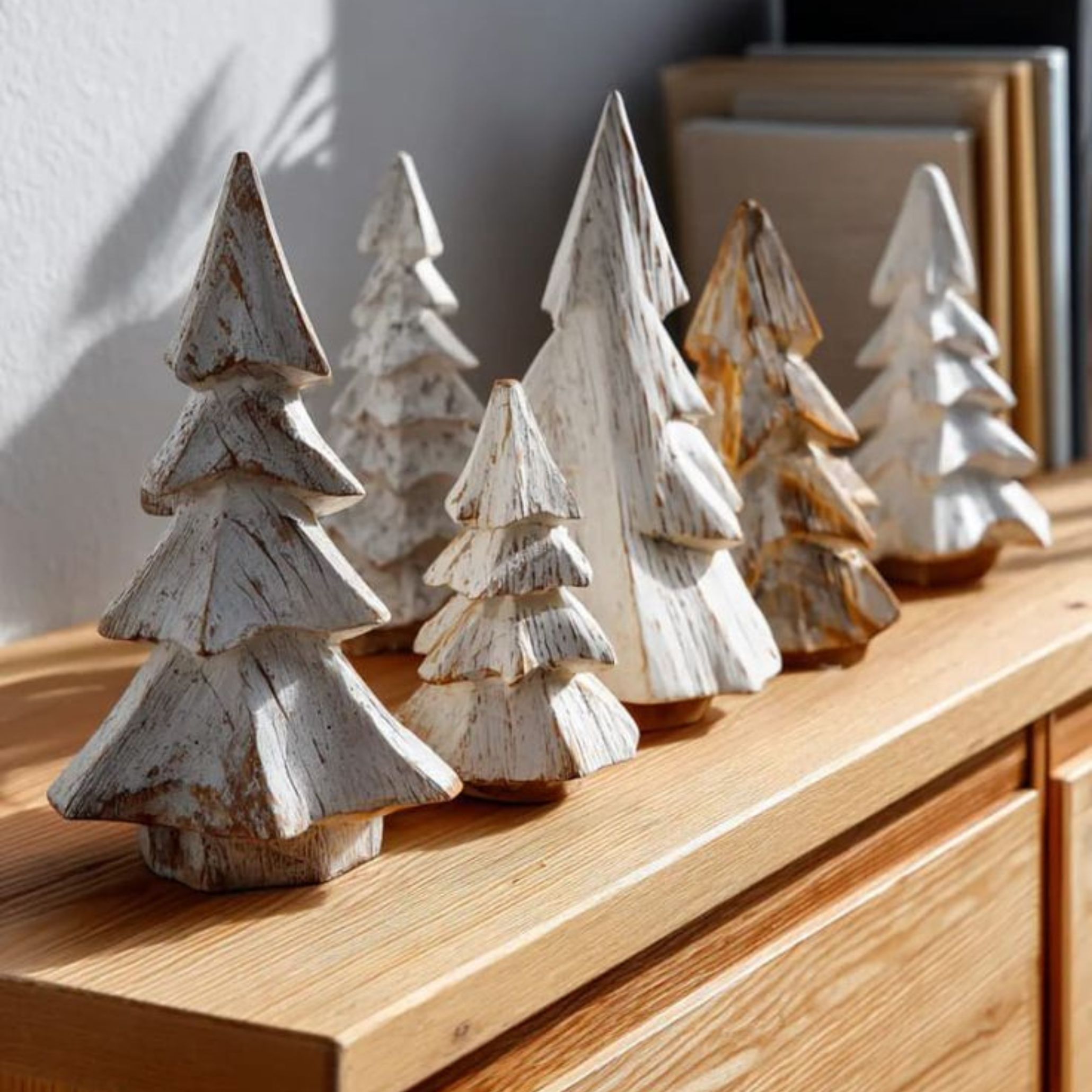 Distressed white wooden Christmas trees on a shelf, adding cozy charm and handcrafted detail to winter interior design and winter decorations.