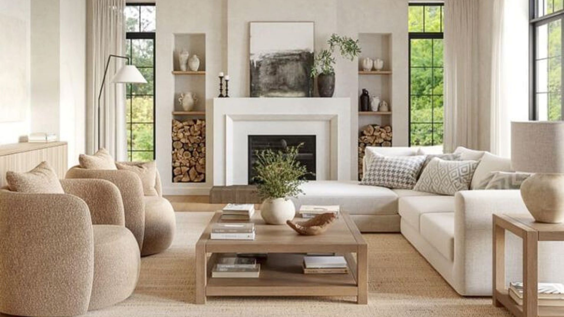 Bright Transitional living room with a modern white modular sofa, rounded beige armchairs, and a wooden coffee table - featuring neutral tones, layered textures, and clean lines that reflect harmony and timeless elegance.