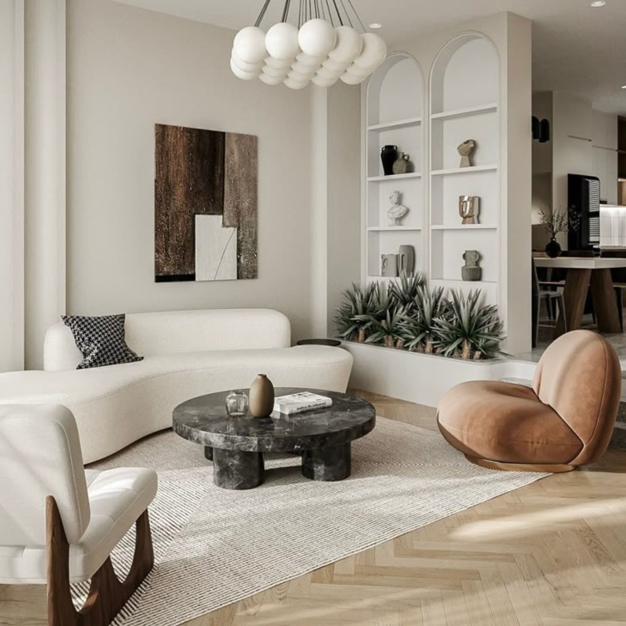 Modern living room with curved white sofa, black marble coffee table, abstract artwork, and sculptural decor - highlighting Contemporary Design’s bold contrasts, clean lines, and statement-making minimalism.