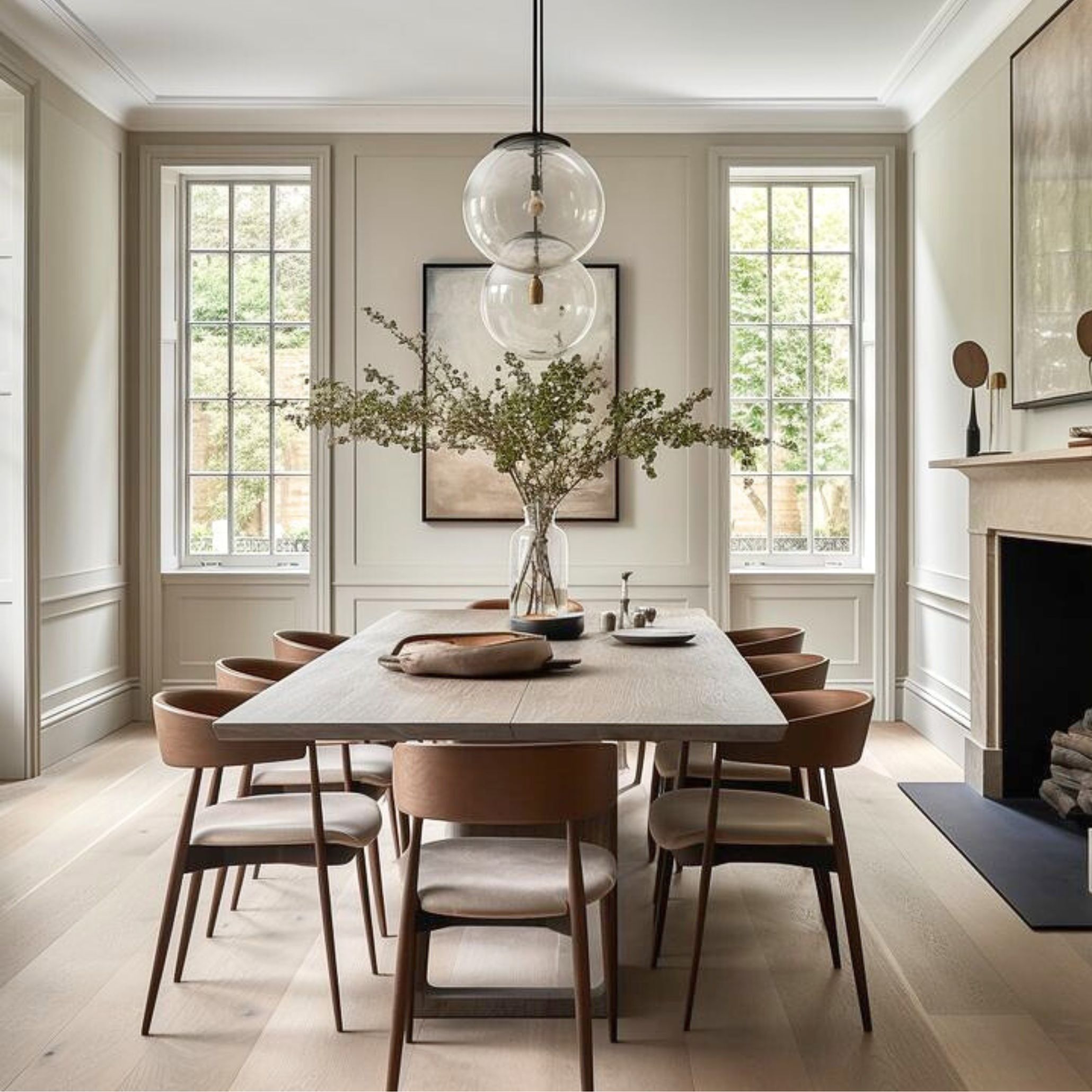 Minimalist Transitional dining room with a wooden table, and soft neutral tones - highlighting intentional design, spatial clarity, and the harmonious balance that defines the style.