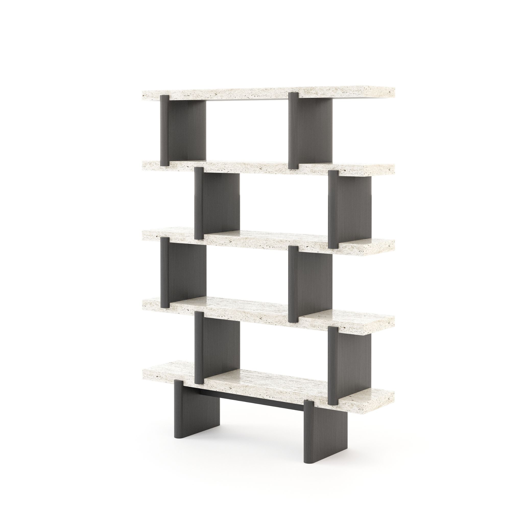 Modular bookcase with light travertine‑tone shelves resting on a warm oak base and framed by dark vertical supports; the piece pairs natural travertine marble texture with oak grain to create architectural clarity and material richness, anchoring a Transitional Interior Design living room or office with balanced form and tactile warmth.