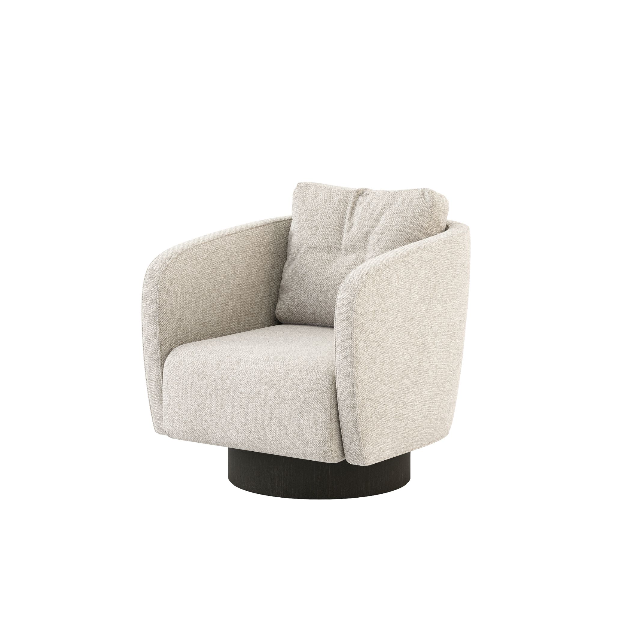 Softly contoured armchair with light beige upholstery and a rounded pedestal base, introducing warmth and sophistication. Its gentle curves and tactile materials embody the comfort that completes a Transitional Interior Design space.