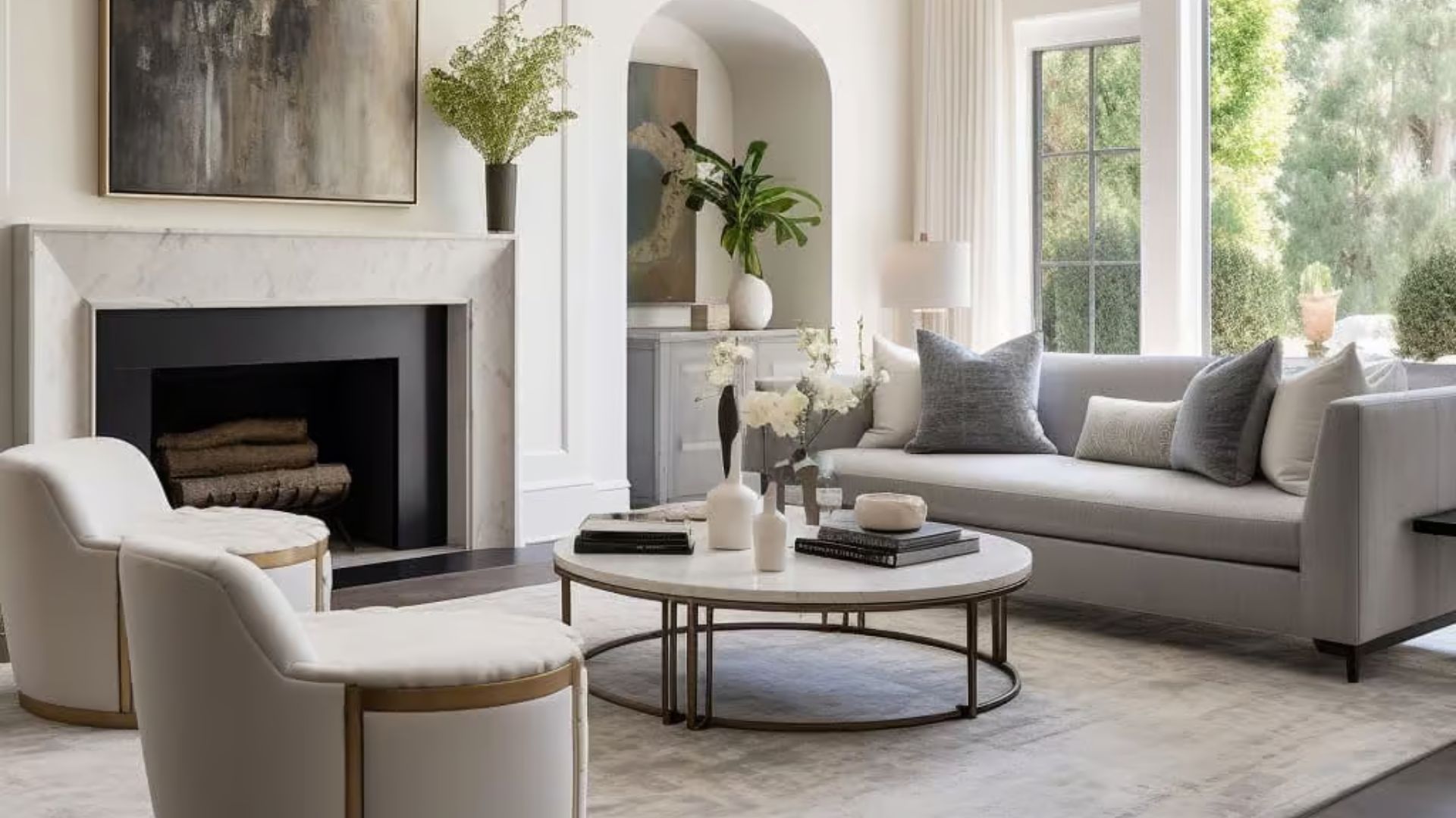 Elegant living room in soft whites, warm greys, and muted beiges, layered with marble, linen, and subtle metallics. A round coffee table with a gold-toned base, plush seating, and natural textures create warmth and depth, reflecting the calm, tactile richness of Transitional Interior Design.