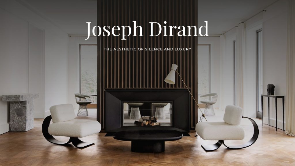 Interior by Joseph Dirand showcasing “The Aesthetic of Silence and Luxury,” with symmetrical white lounge chairs, a central black fireplace, and minimalist furnishings. Natural light filters through sheer curtains, highlighting the slatted wood wall and sculptural elements. The space reflects Dirand’s signature balance of restraint, texture, and architectural clarity.