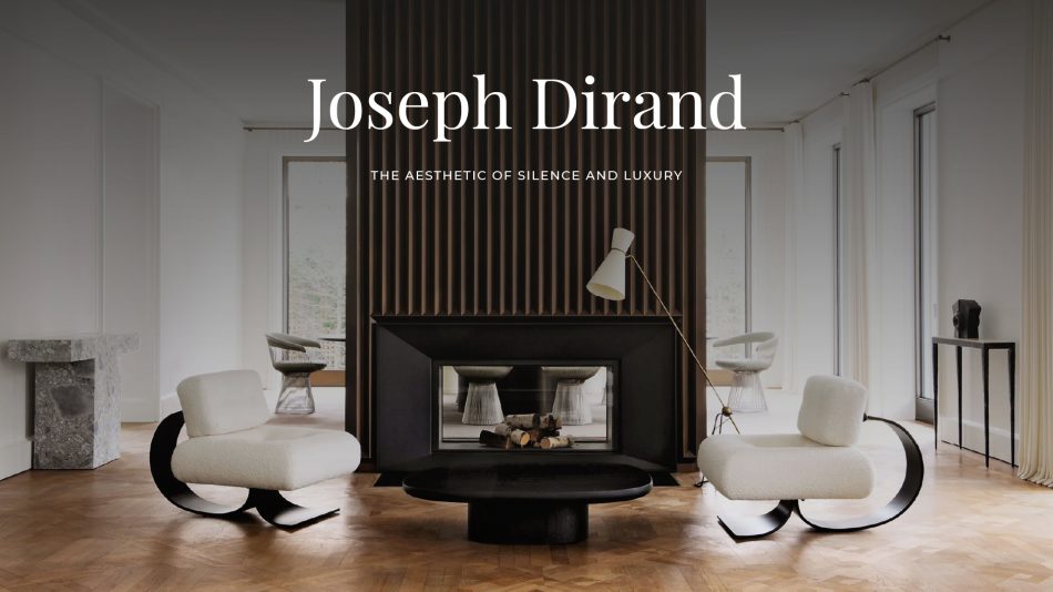 Interior by Joseph Dirand showcasing “The Aesthetic of Silence and Luxury,” with symmetrical white lounge chairs, a central black fireplace, and minimalist furnishings. Natural light filters through sheer curtains, highlighting the slatted wood wall and sculptural elements. The space reflects Dirand’s signature balance of restraint, texture, and architectural clarity.