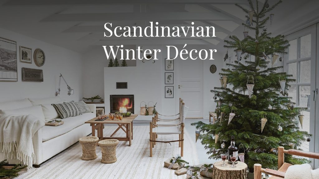 Cozy Scandinavian winter living room with a minimalist Christmas tree, soft textures, and glowing fireplace. Neutral tones and natural accents evoke hygge and serene seasonal charm.