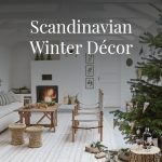 Cozy Scandinavian winter living room with a minimalist Christmas tree, soft textures, and glowing fireplace. Neutral tones and natural accents evoke hygge and serene seasonal charm.