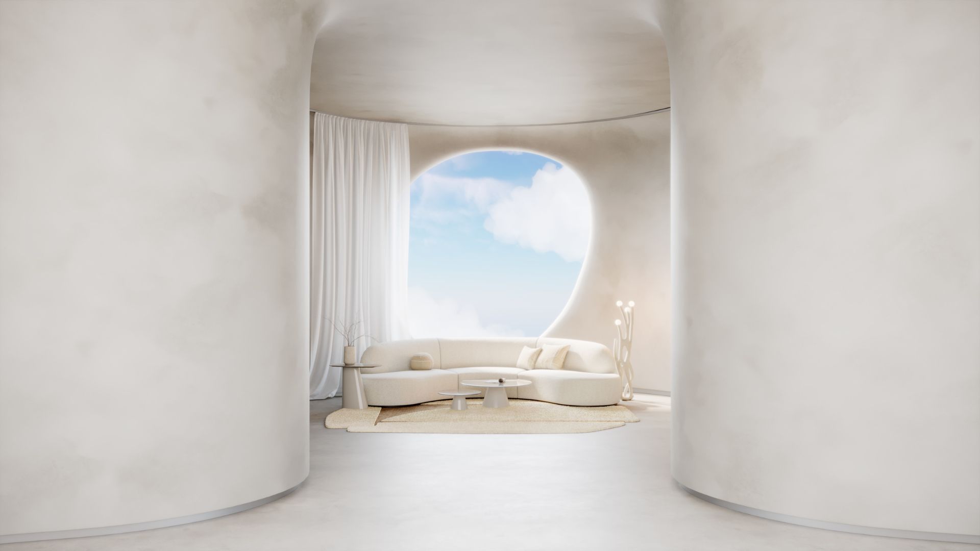 Serene living room in Cloud Dancer tones, with a curved cotton bouclé sofa on a textured rug and Sahara white lacquer and frosted glass coffee tables. A vase with dried branches rests on the stone side table, while a organic floor lamp with glowing glass orbs adds a soft, ethereal light. A circular window and flowing curtains frame the sky, creating an atmosphere of calm, balance, and understated elegance.